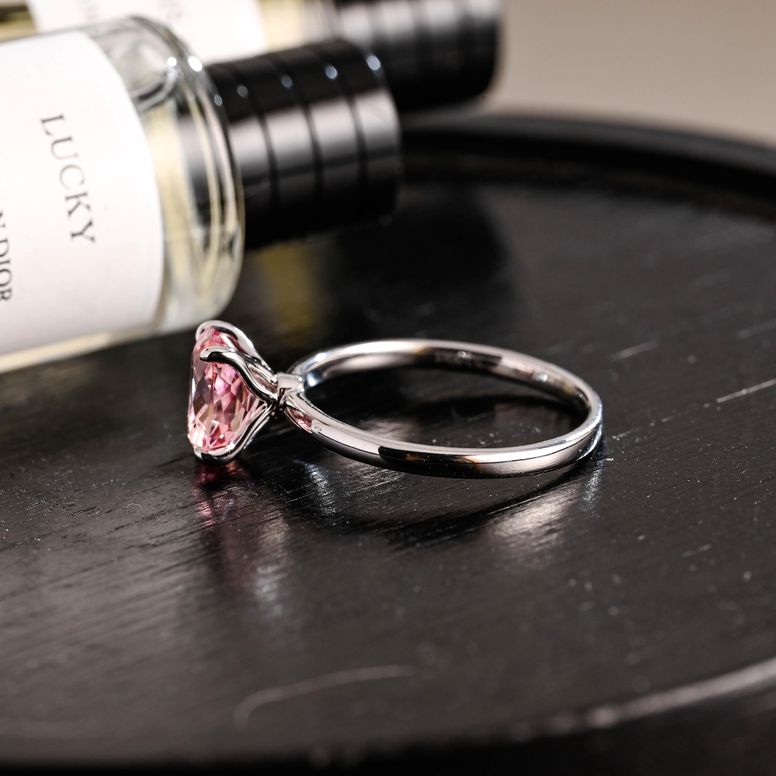 Solid Gold Tulip Setting Oval Cut Lab Grown Pink Sapphire Engagement Ring