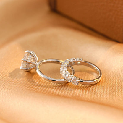 Solid Gold Hidden Halo Round Cut Moissanite Engagement Ring Set, Half Eternity Ring Bridal Set