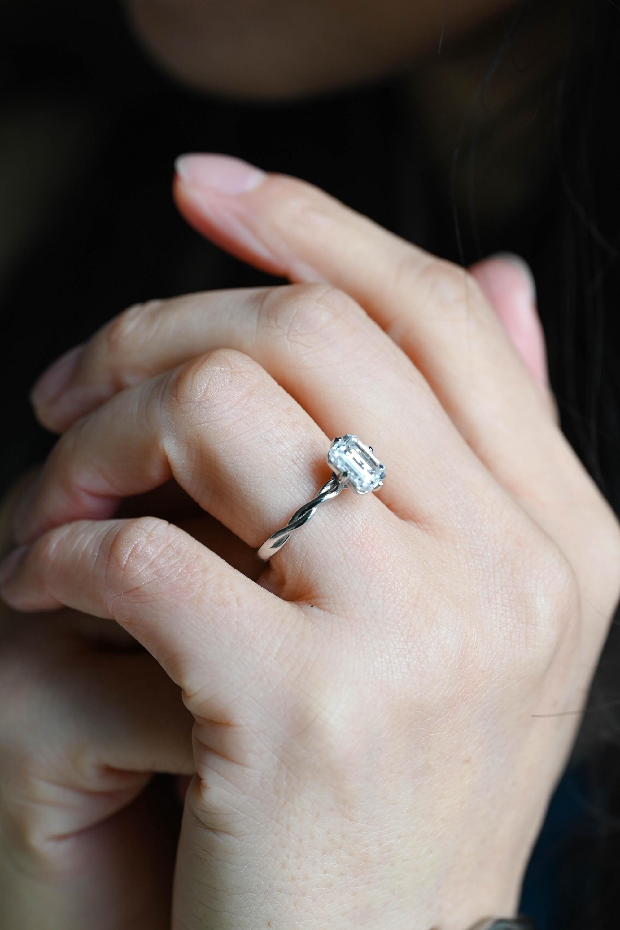 Solid Gold Emerald Cut Moissanite Engagement Ring, Proposal Ring, Promise Ring, Wedding Ring, Anniversary Gift Birthday Gift for Women Wife