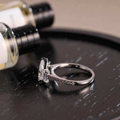 Three Stone Pear Cut Moissanite Engagement Ring, Bridge Setting Solid Gold Pave Moissanite Wedding Ring
