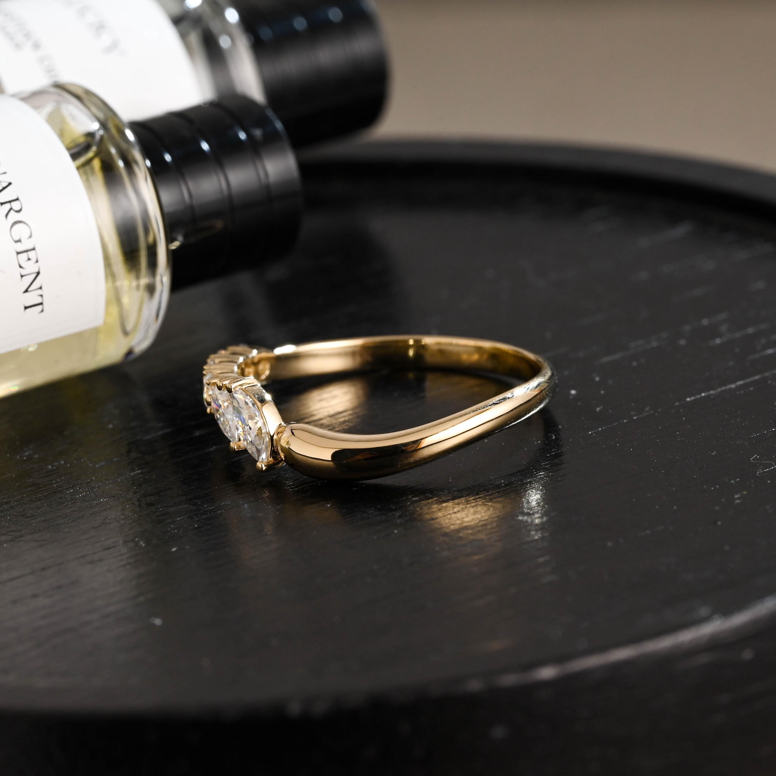 Solid Gold Marquise Pear Cut Moissanite Wedding Band, Matching Ring