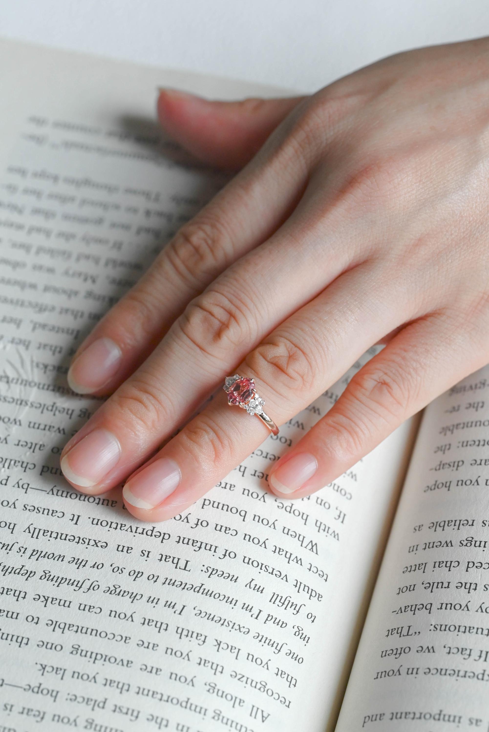 Solid Gold Oval Lab Grown Pink Sapphire Engagement Ring, Three Stone Proposal Ring