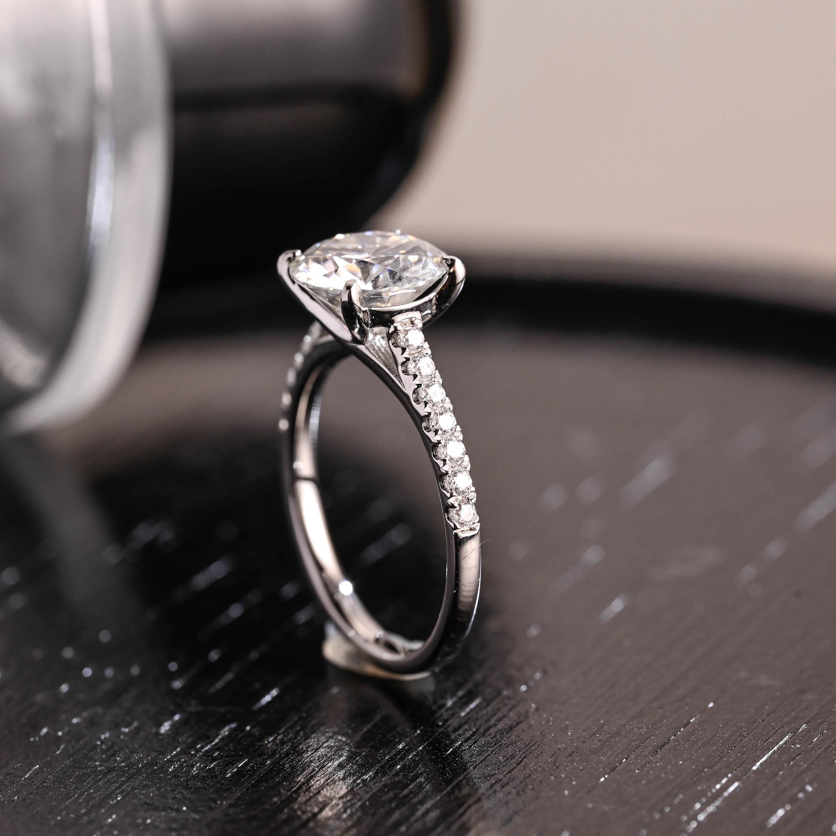Cathedral band Round Cut Moissanite Engagement Ring, Half Pave Round Cut Moissanite Wedding Ring