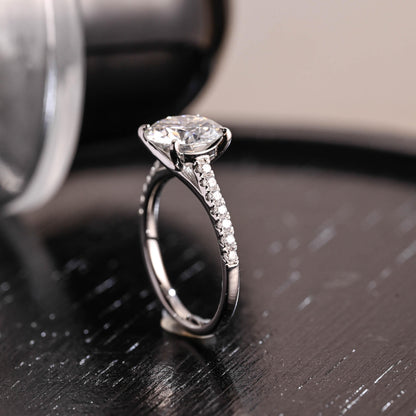 Cathedral band Round Cut Moissanite Engagement Ring, Half Pave Round Cut Moissanite Wedding Ring