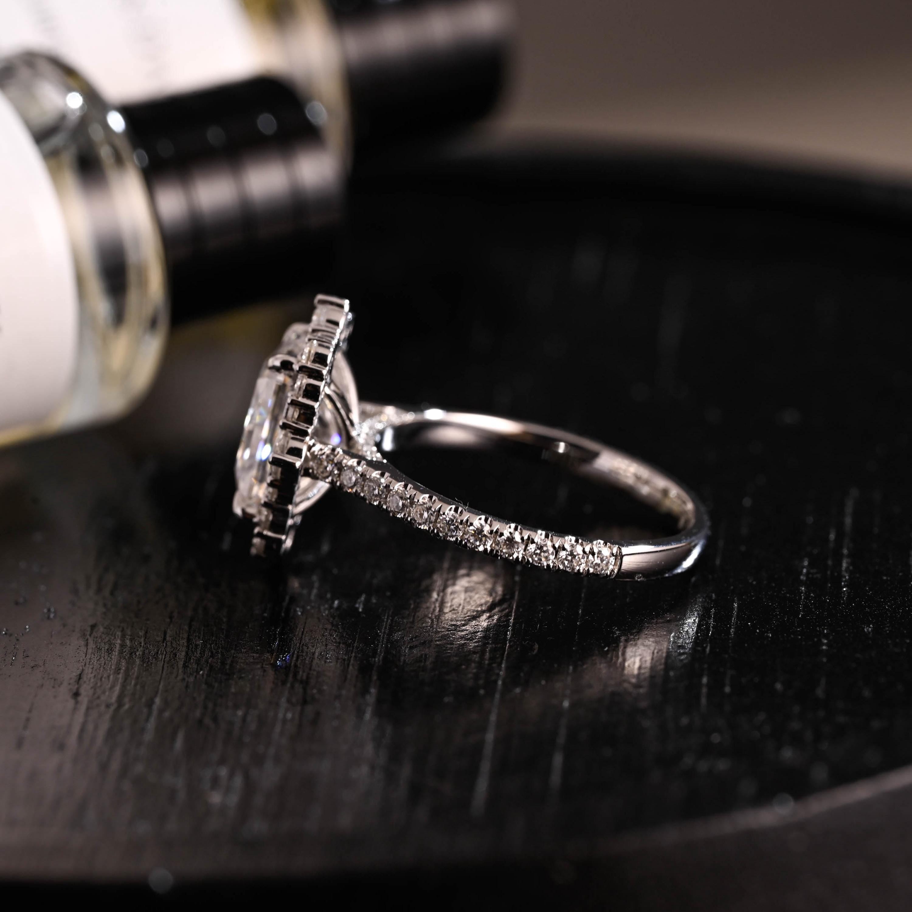 Solid Gold Radiant Cut Moissanite Engagement Ring, Halo Pave Cathedral Setting Vintage Style Ring