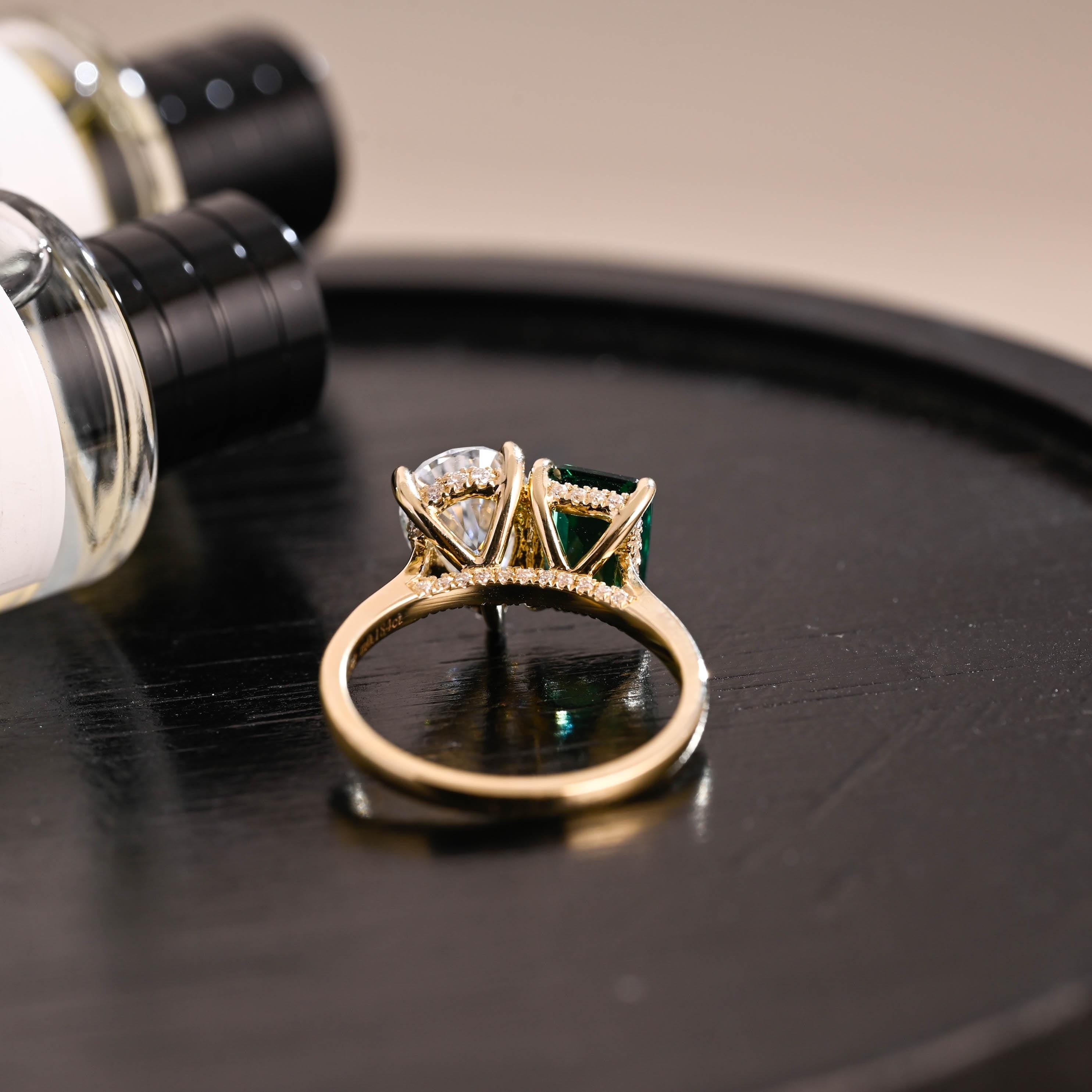 Solid Gold Lab Grown Emerald Toi et Moi Ring, Hidden Halo Memorial Two Stone Moissanite Engagement Ring