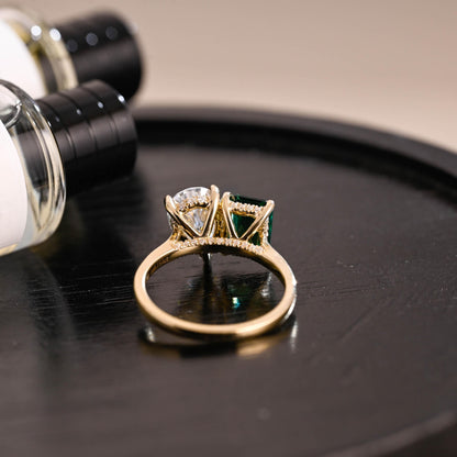 Solid Gold Lab Grown Emerald Toi et Moi Ring, Hidden Halo Memorial Two Stone Moissanite Engagement Ring