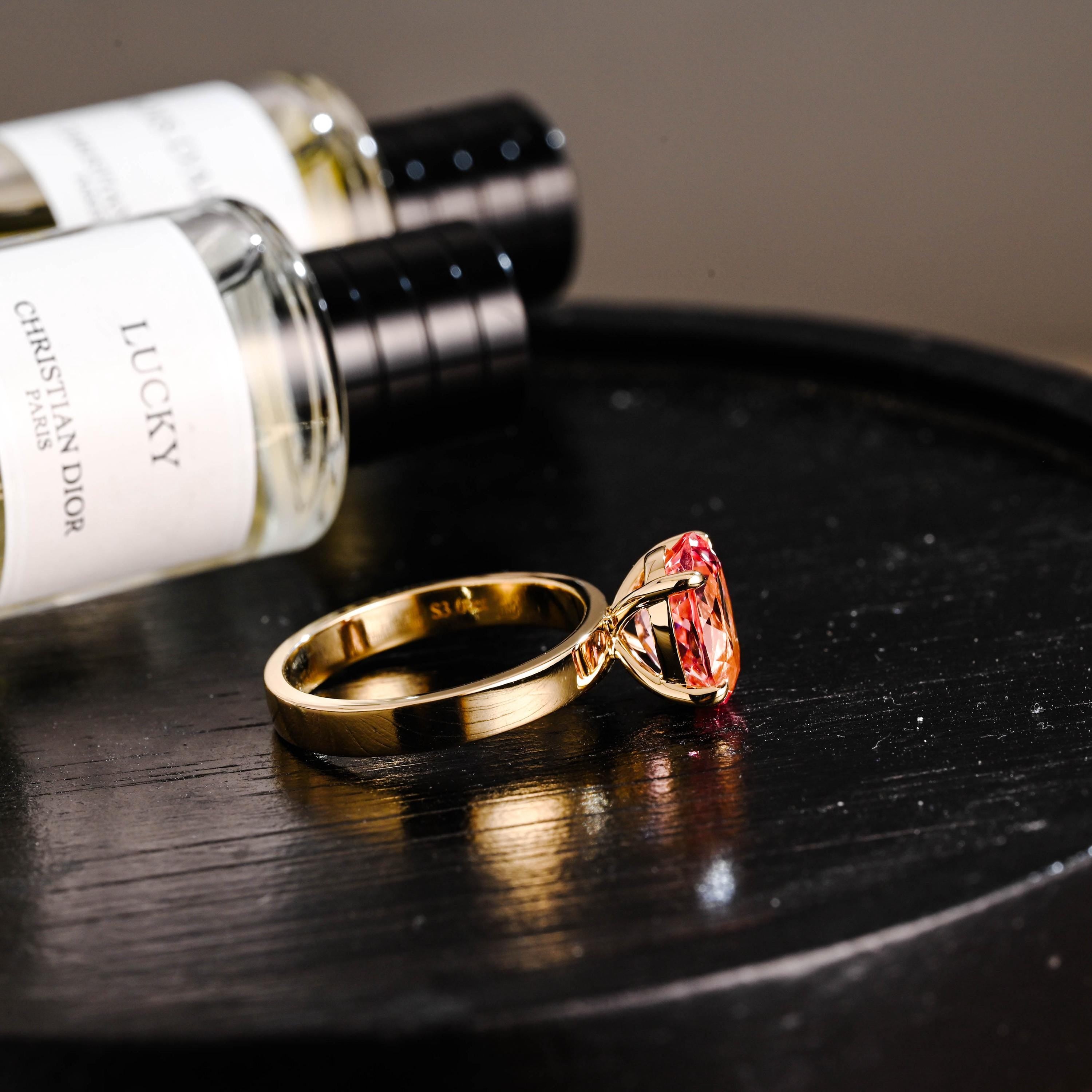 Solid Gold Oval Cut Solitaire Lab Grown Pink Sapphire Engagement Ring, 3mm Wide Proposal Ring