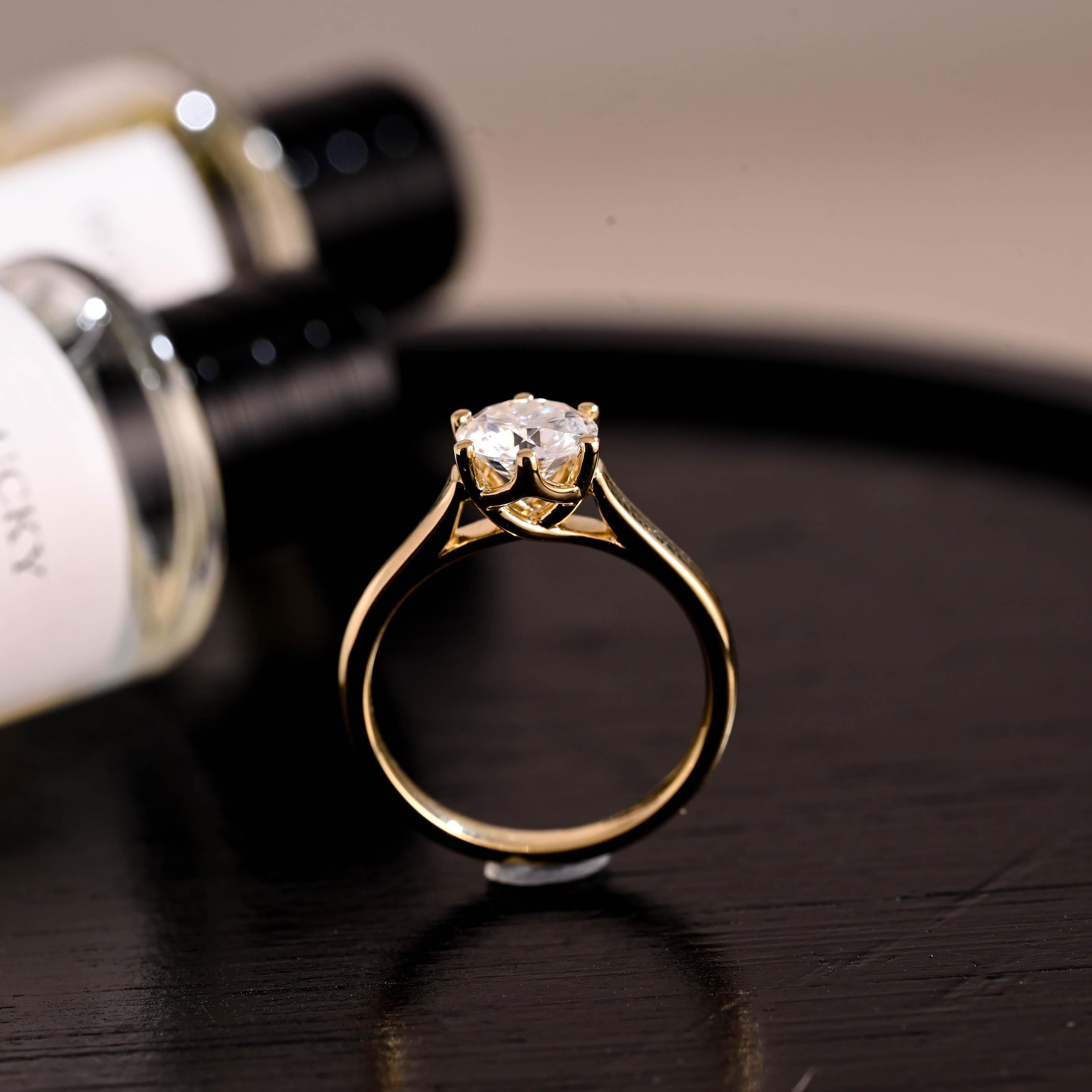 Solid Gold Round Cut Moissanite Engagement Ring, Floral Cathedral Setting Moissanite Anniversary Ring