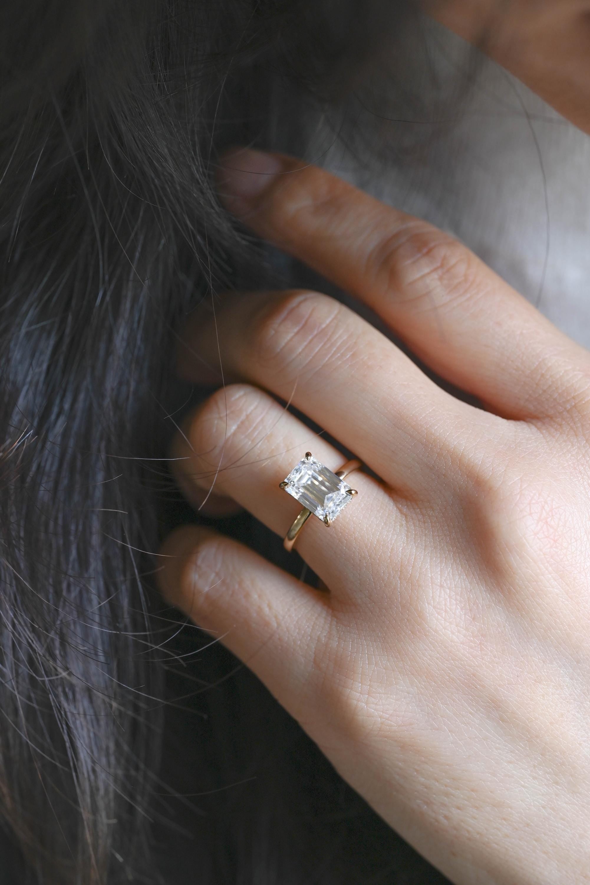 Solid Gold Hidden Halo Emerald Cut Moissanite Engagement Ring, Proposal Ring, Promise Ring, Wedding Ring, Anniversary Gift for Women Wife