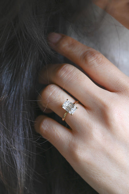 Solid Gold Hidden Halo Emerald Cut Moissanite Engagement Ring, Proposal Ring, Promise Ring, Wedding Ring, Anniversary Gift for Women Wife