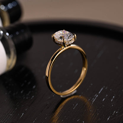Solid Gold Oval Cut Moissanite Engagement Ring, Hidden Halo Wedding Ring