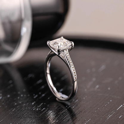 Solid Gold Faux Pave Asscher Moissanite Engagement Ring, Cathedral Set Ring