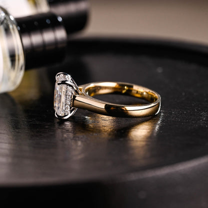 Solid Gold Cathedral Setting Radiant Cut Moissanite Engagement Ring, Hidden Halo Two Tone Ring
