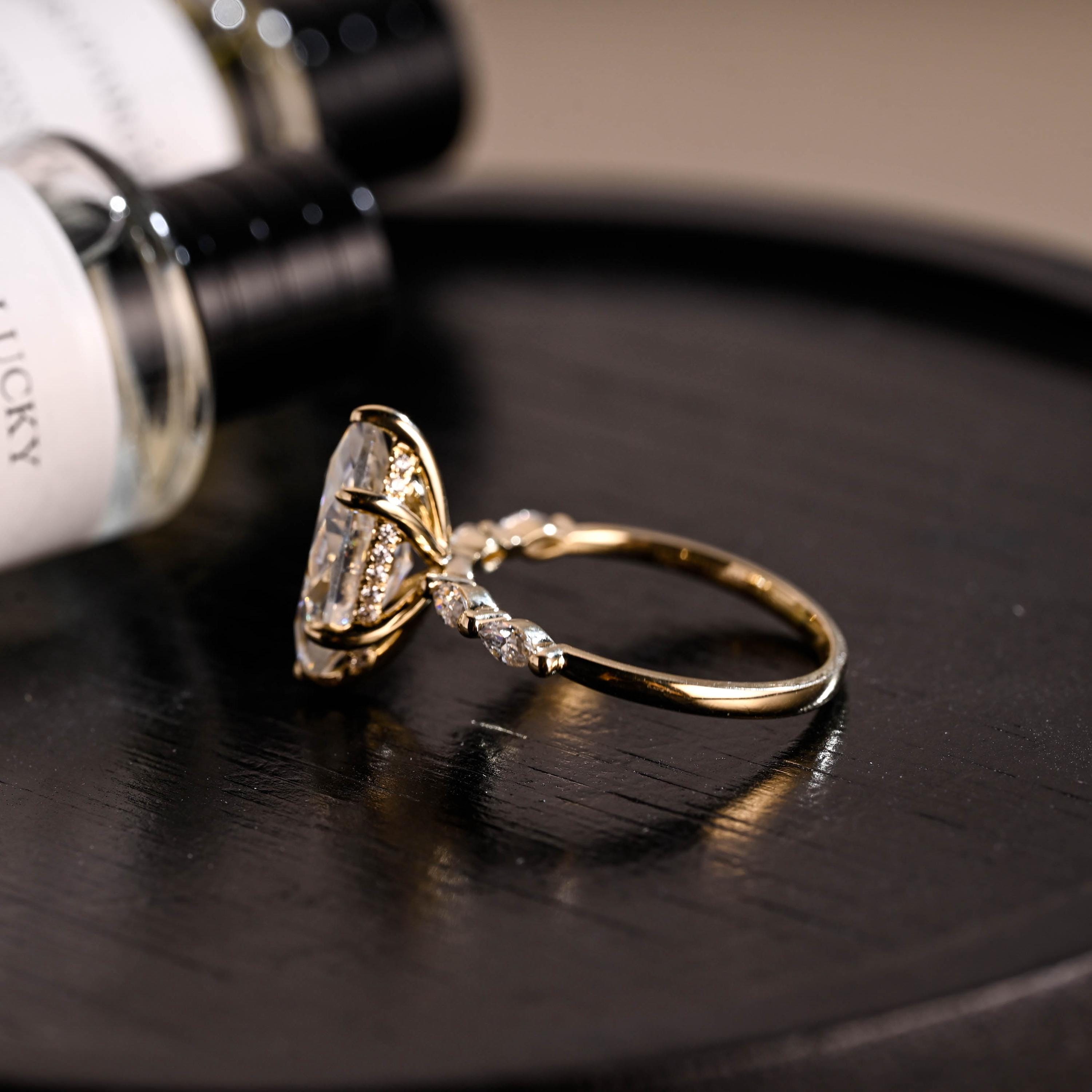 Solid Gold Side Stone Marquise Cut Moissanite Engagement Ring, Hidden Halo Moissanite Wedding Ring