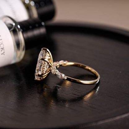 Solid Gold Side Stone Marquise Cut Moissanite Engagement Ring, Hidden Halo Moissanite Wedding Ring