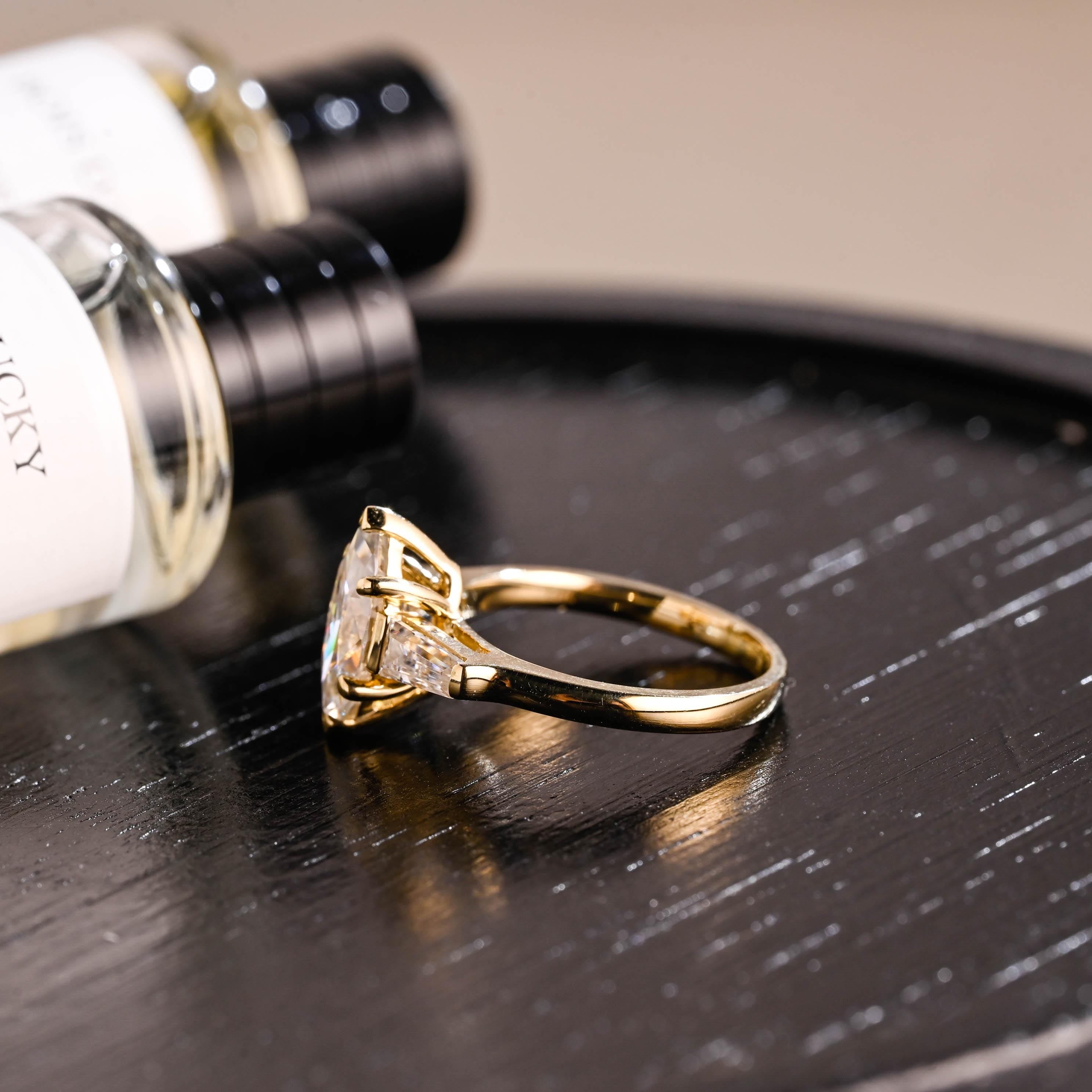 Solid Gold Marquise Moissanite Three Stone Engagement Ring, Anniversary Ring