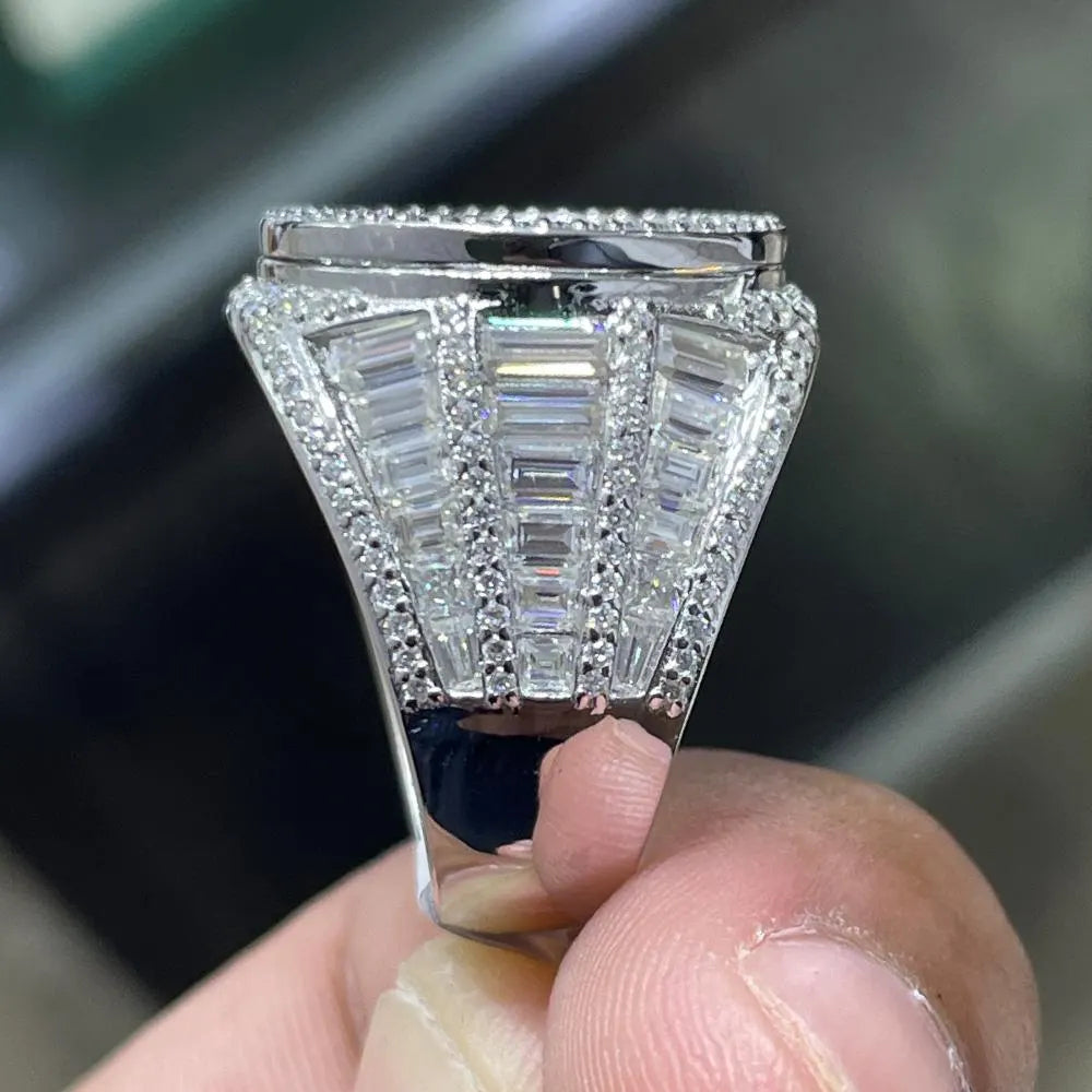 Iced Out Heart Moissanite Ring: Unisex 14K Gold Plated Sterling Silver Baguette Round Hip Hop Moissanite Ring