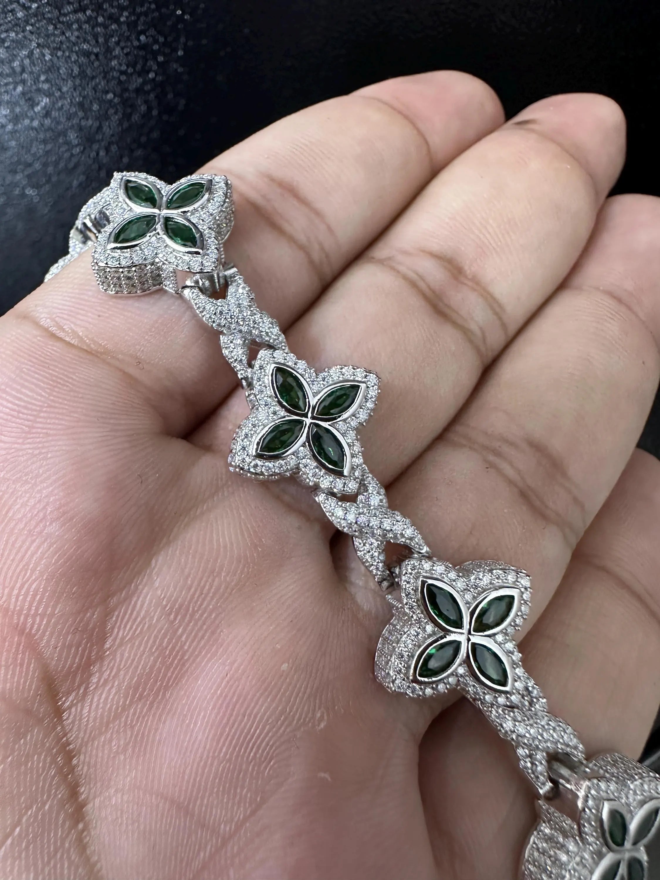 Iced Out Clover Bracelet | VVS Moissanite, Green Sapphire, Sterling Silver