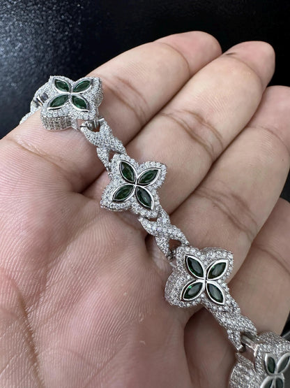 Iced Out Clover Bracelet | VVS Moissanite, Green Sapphire, Sterling Silver