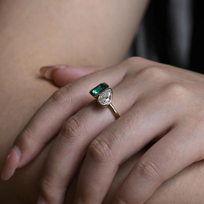 Bezel Toi et Moi Engagement Ring, Lab Grown Emerald Ring, Solid Gold Pear Cut Moissanite Wedding Ring