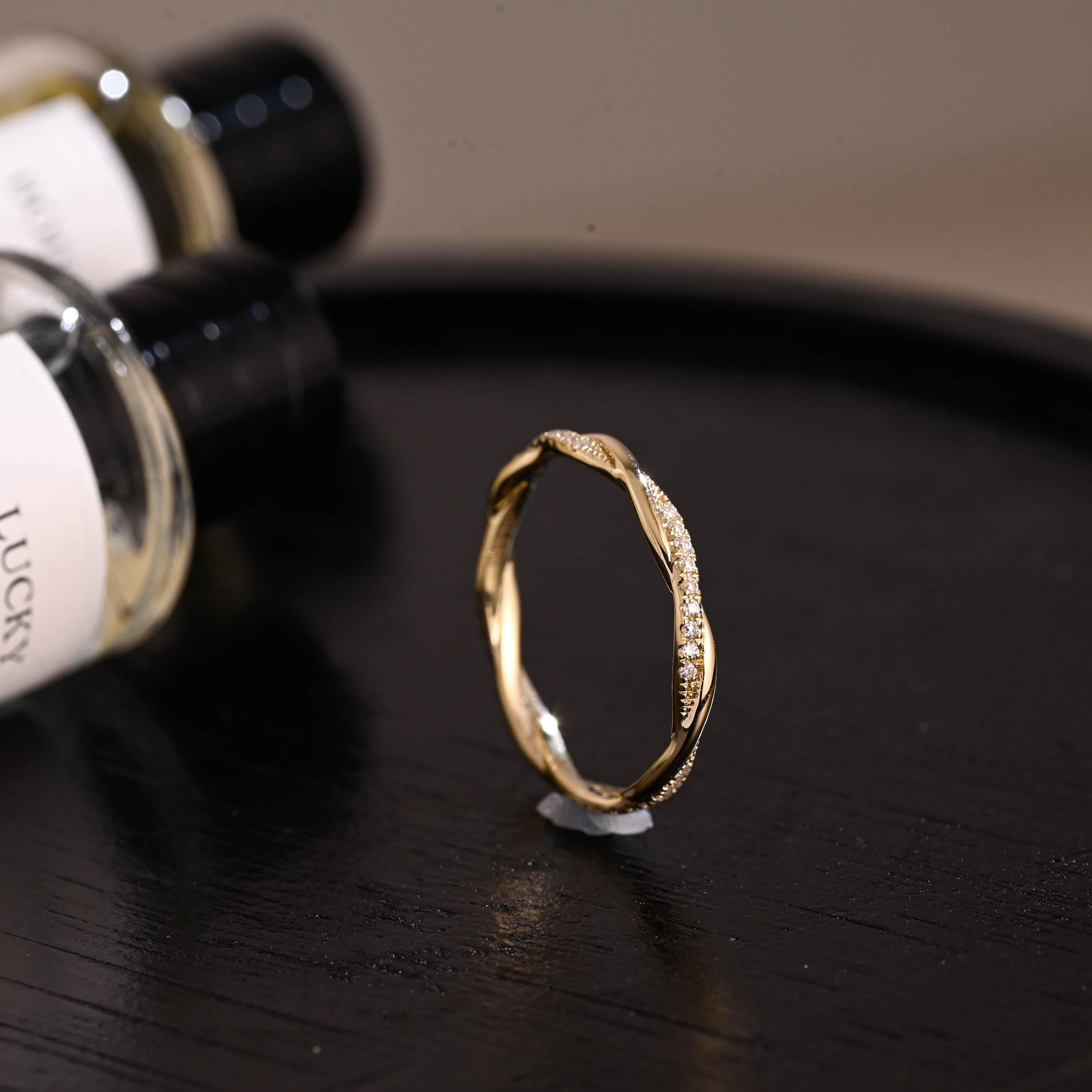 Twisted Moissanite Wedding Band, Solid Gold Eternity Ring, Stackable Anniversary