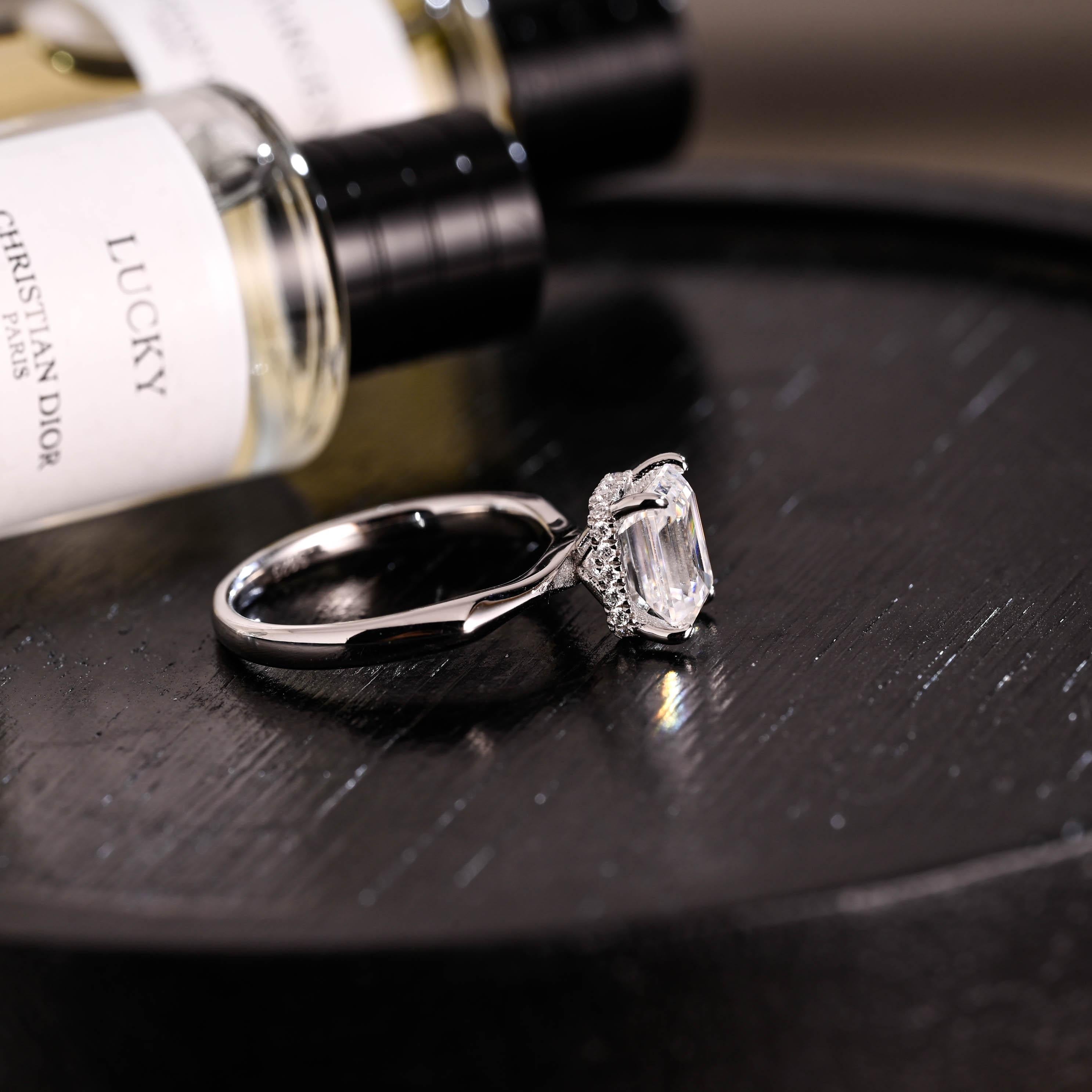 Solid Gold Hidden Halo Emerald Cut Moissanite Engagement Ring, Proposal Ring, Promise Ring, Wedding Ring, Anniversary Gift for Women Wife