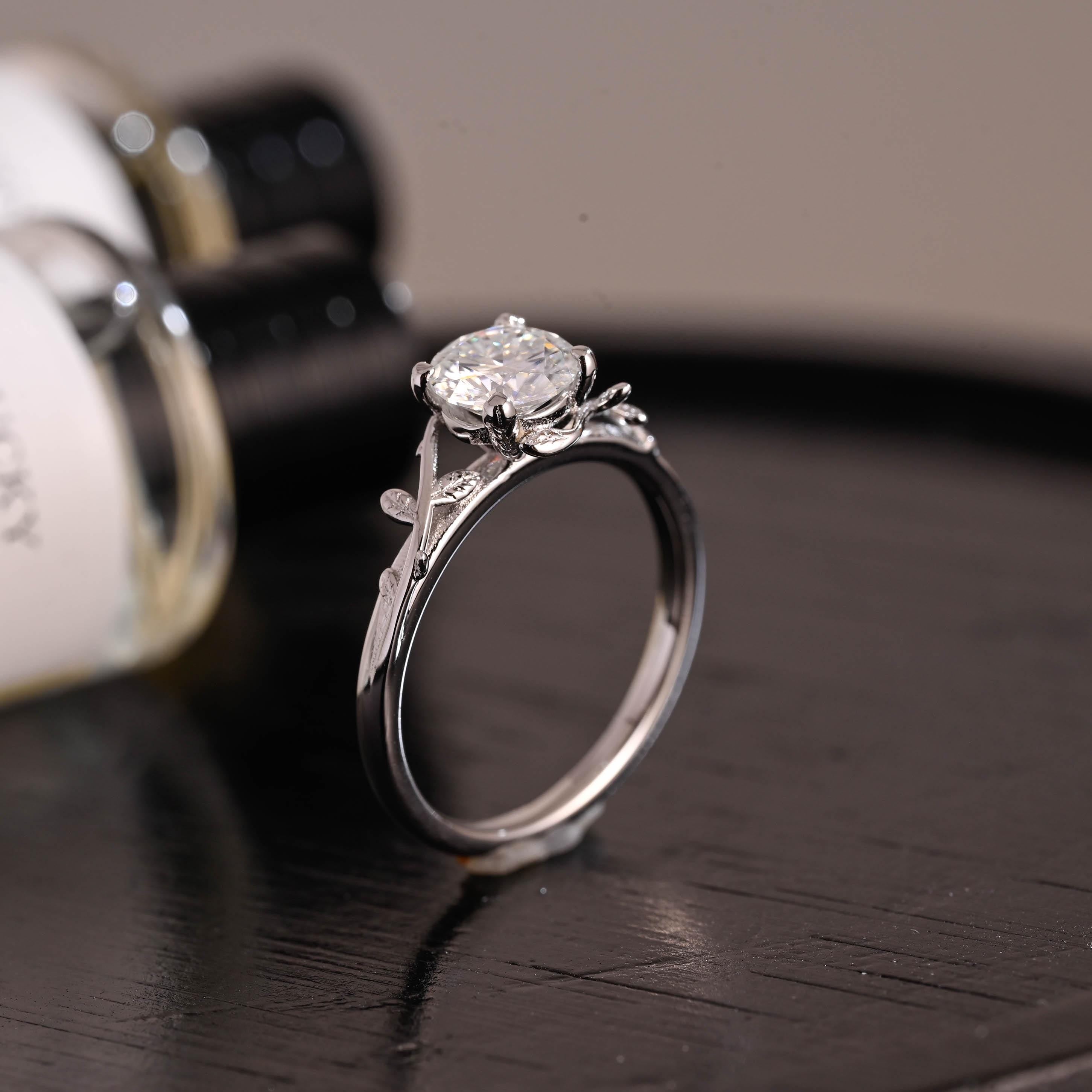 Branch Design Solid Gold Round Cut Moissanite Engagement Ring, Promise Ring, Wedding Ring