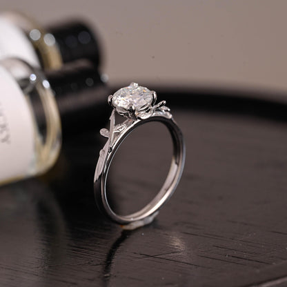 Branch Design Solid Gold Round Cut Moissanite Engagement Ring, Promise Ring, Wedding Ring