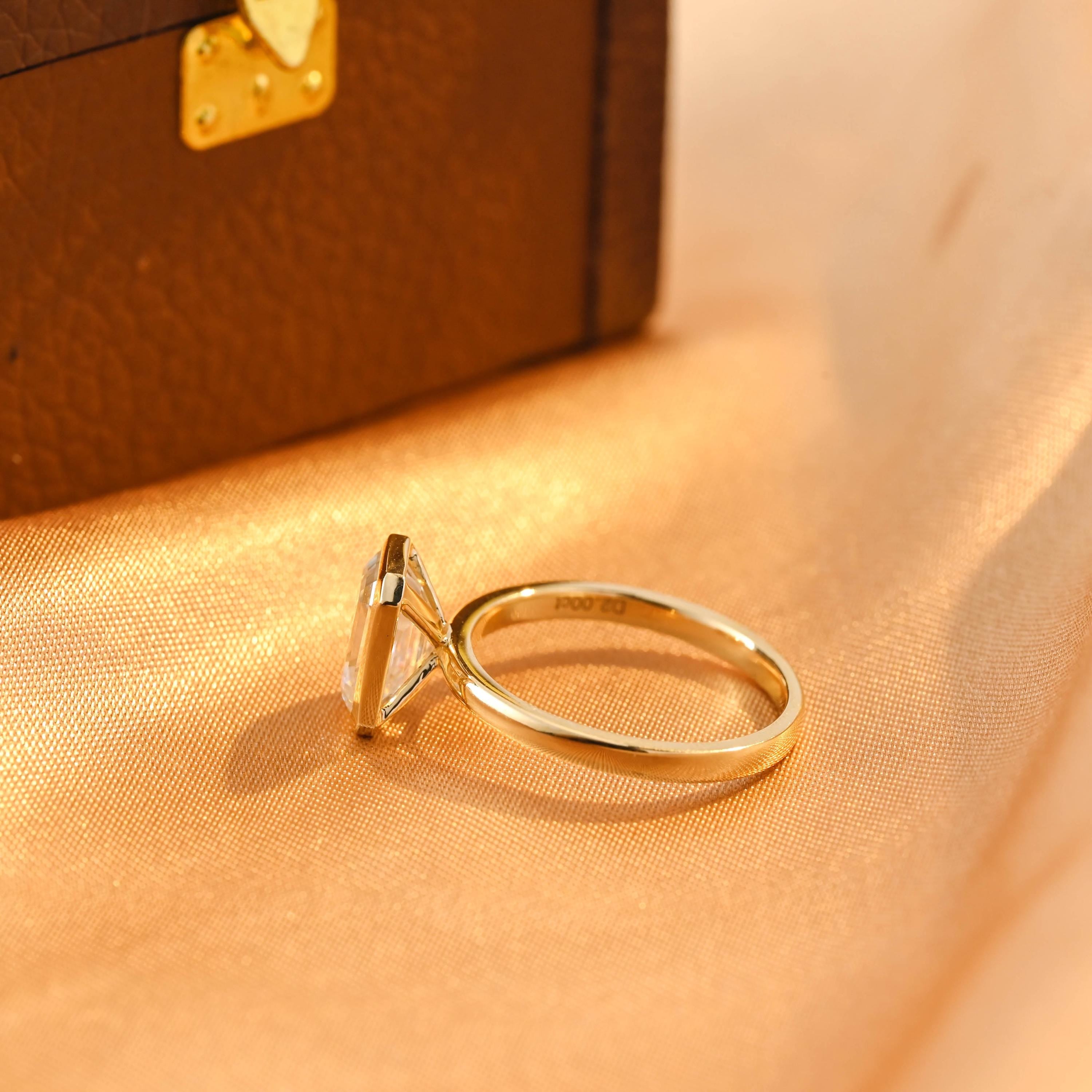 Solid Gold Solitaire Bezel Emerald Cut Moissanite Engagement Ring, Anniversary Ring for Women