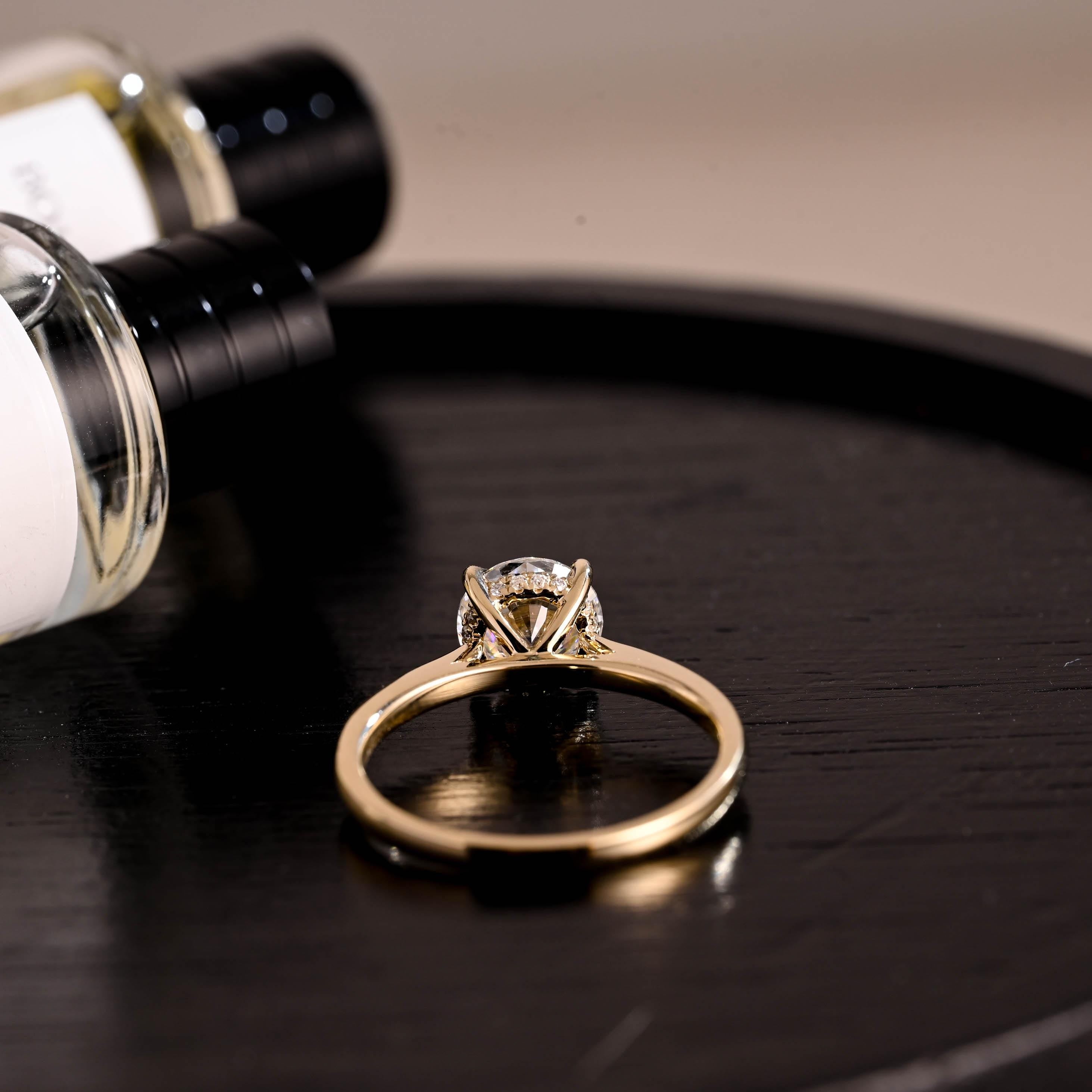 Hidden HaloCathedral Setting Round Cut Moissanite Engagement Ring, Solid Gold Classic 4 Prongs Anniversary Ring