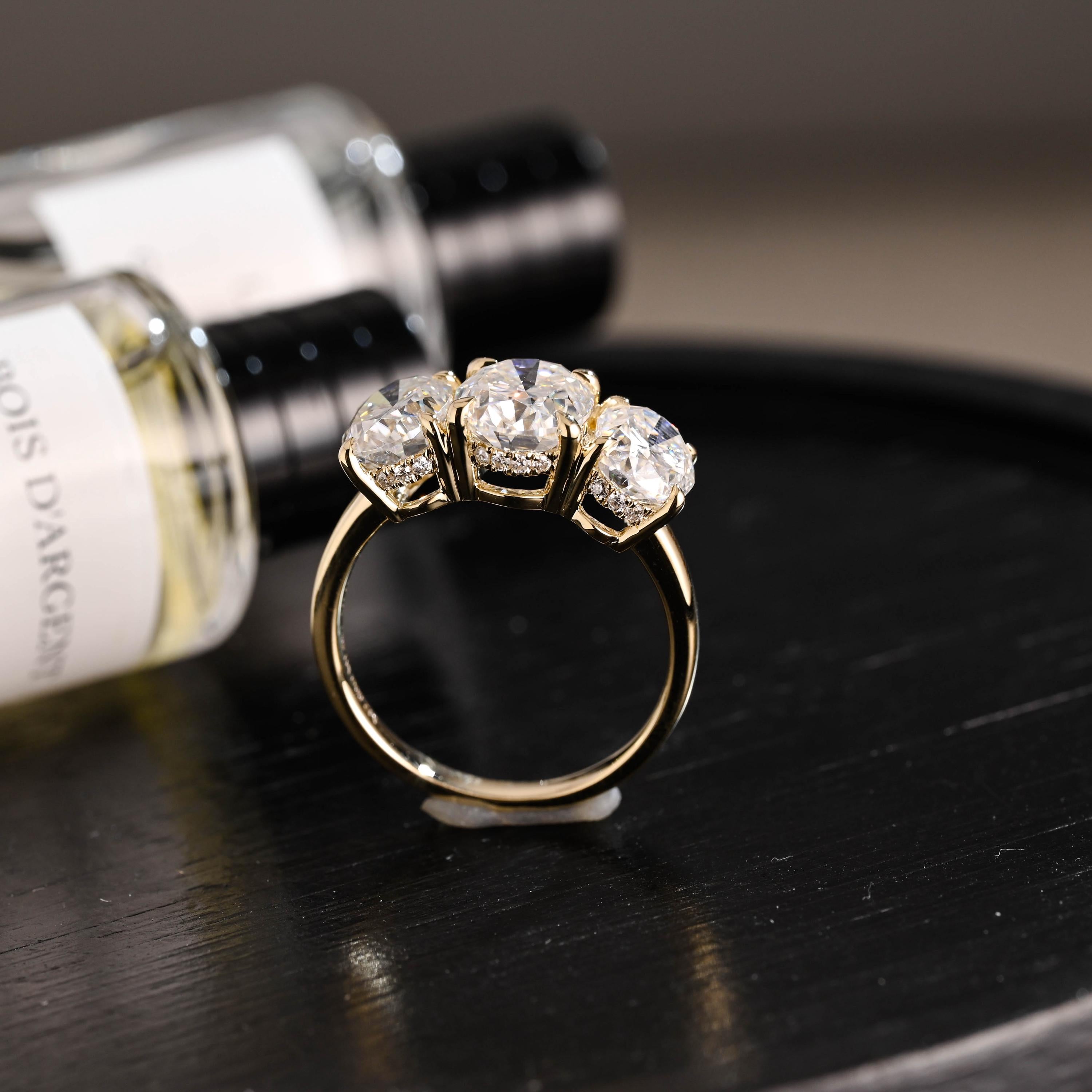 Solid Gold Hidden Halo Three Stone Oval Cut Moissanite Engagement Ring