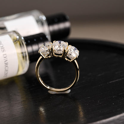 Solid Gold Hidden Halo Three Stone Oval Cut Moissanite Engagement Ring