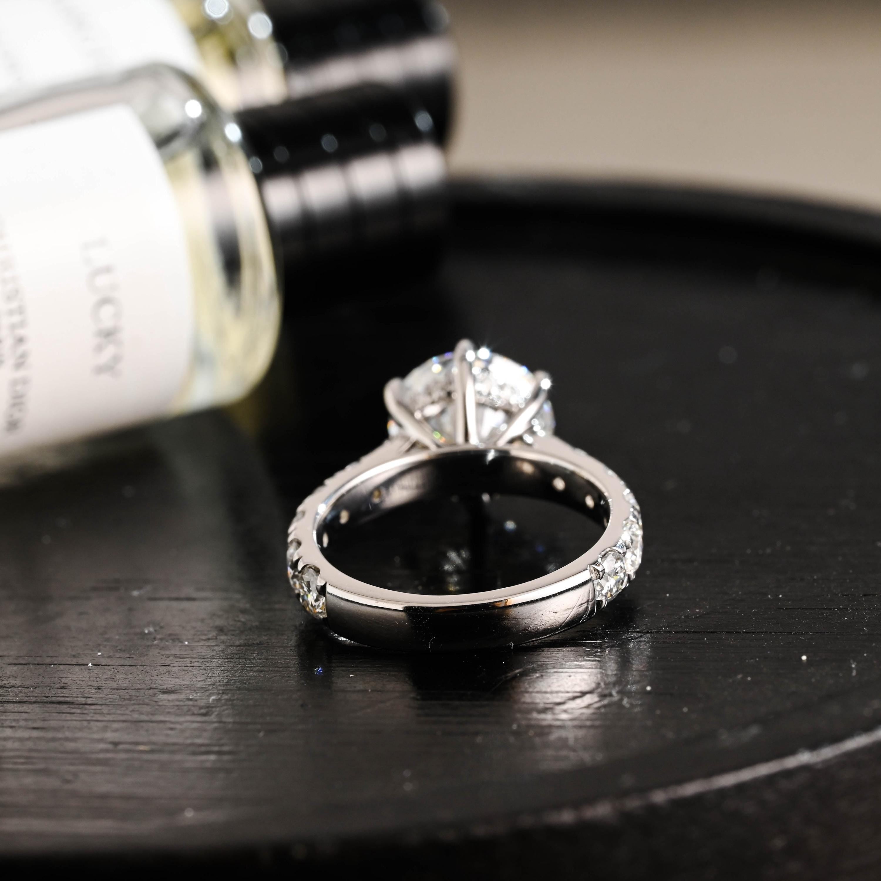3.5mm Wide Solid Gold Round Cut Moissanite Engagement Ring, Side Stone Setting Wedding Ring