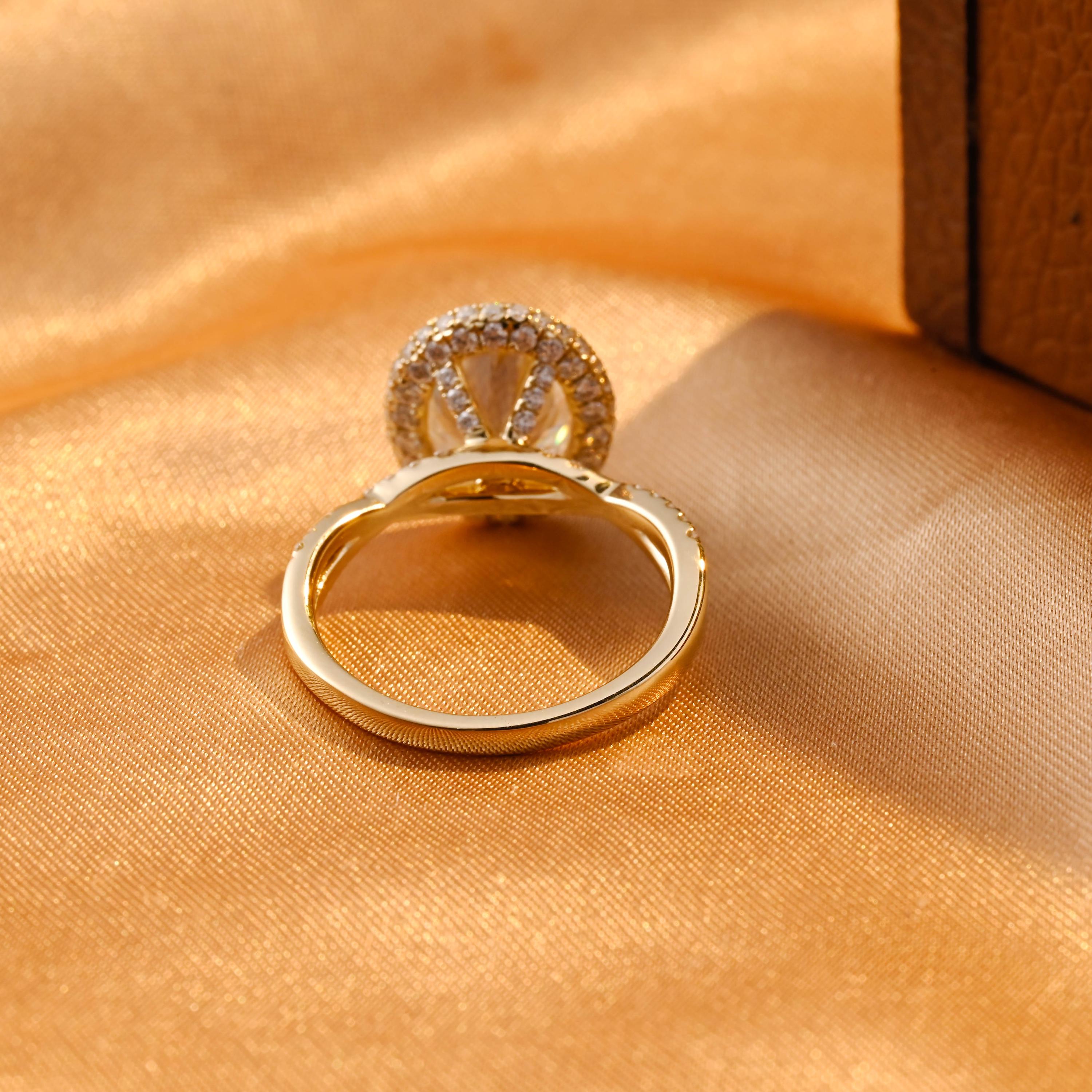 Solid Gold Twisted Band Oval Cut Moissanite Engagement Ring, Halo Wedding Ring