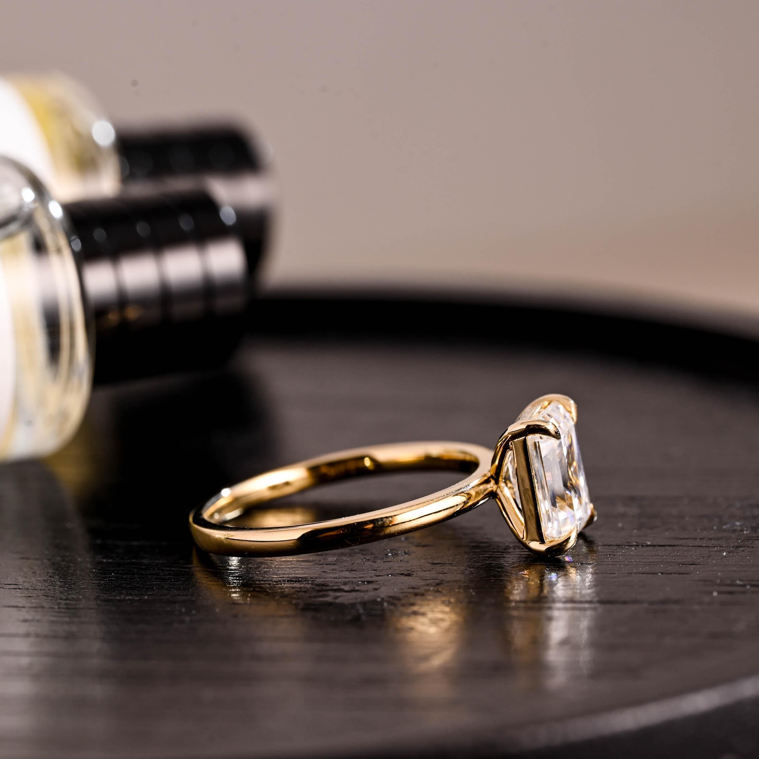 Solid Gold Solitaire Emerald Cut Moissanite Engagement Ring, Moissanite Promise Ring