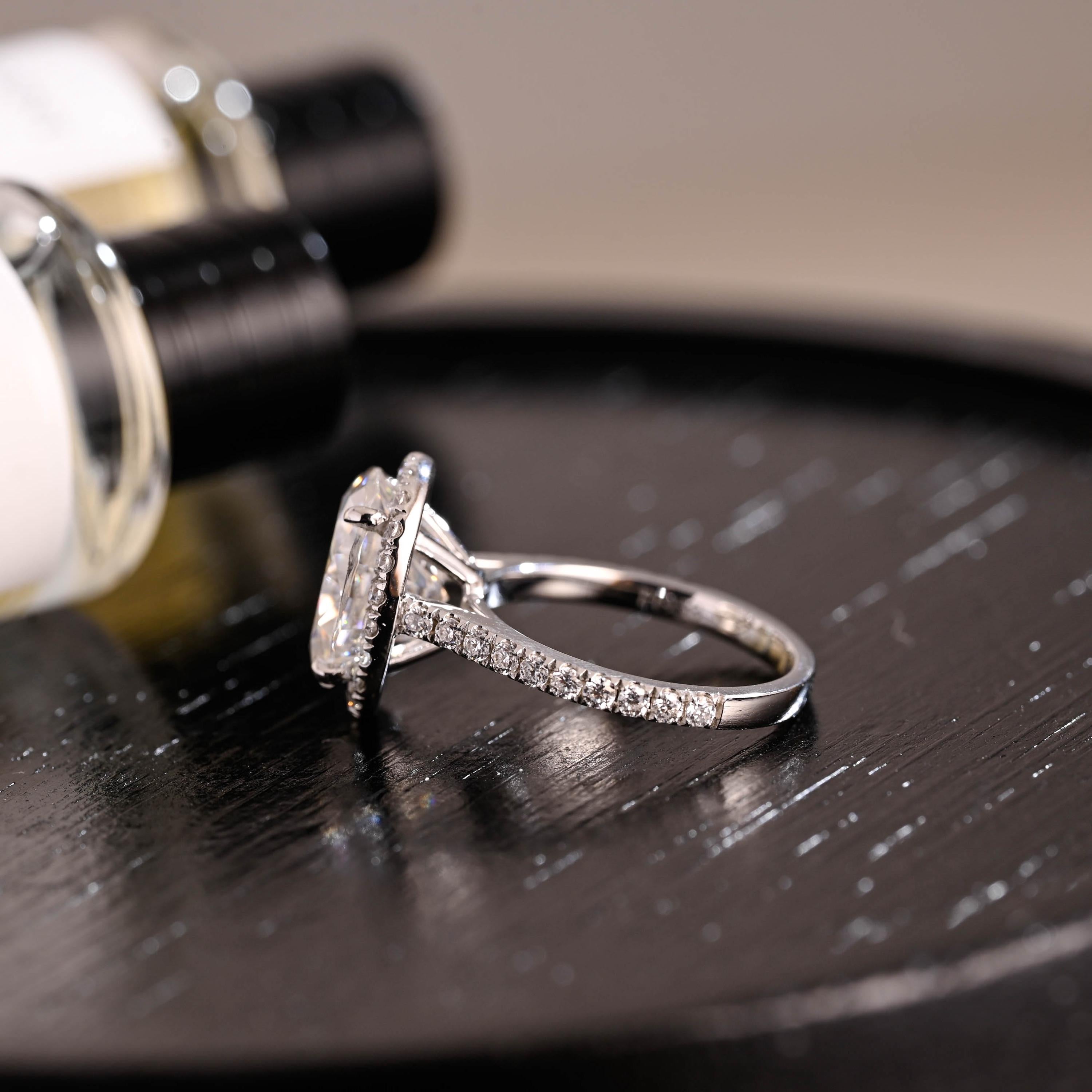 Solid Gold Halo Oval Cut Moissanite Engagement Ring, Half Pave Wedding Ring