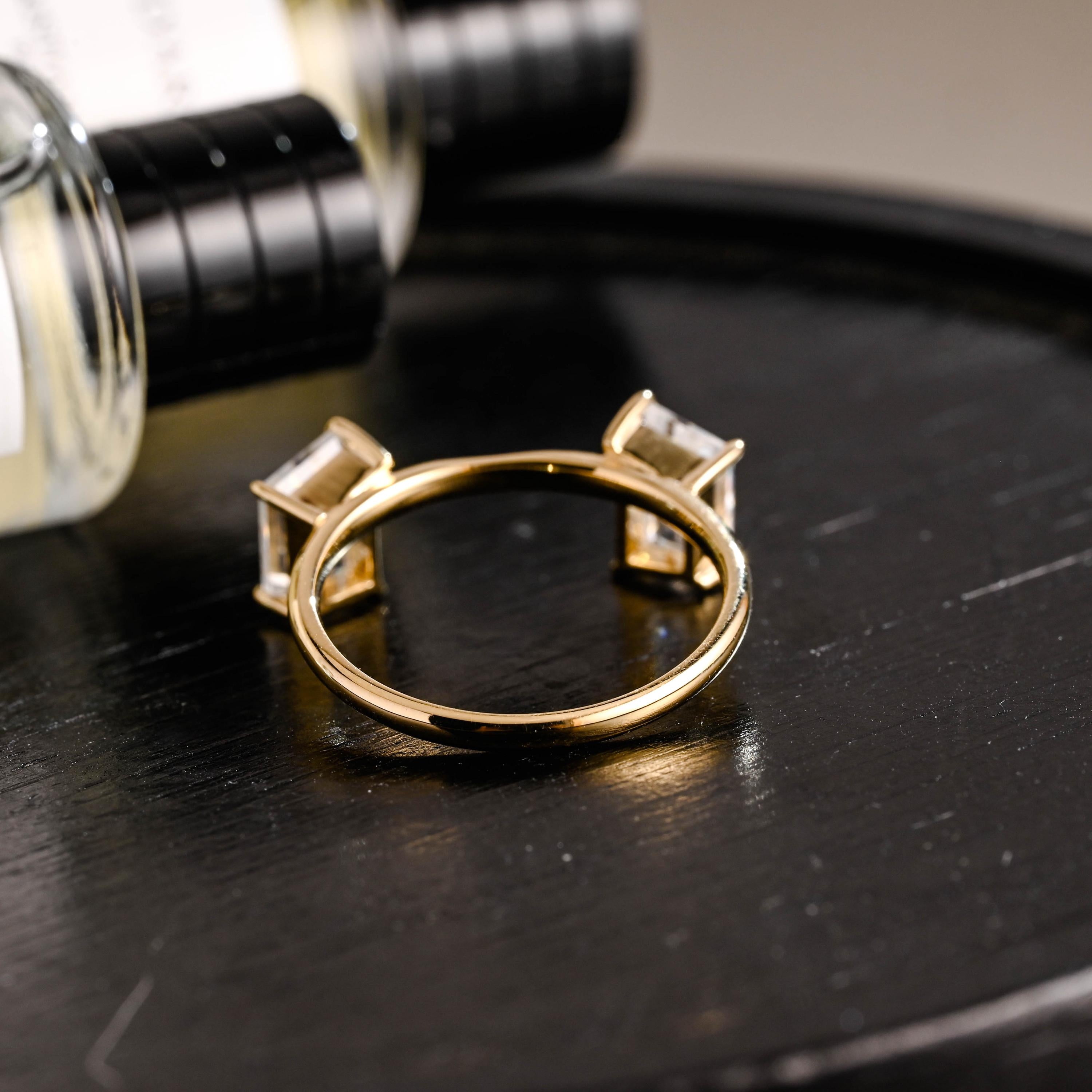 Solid Gold Trapezoid Moissanite Wedding Band, Matching Ring