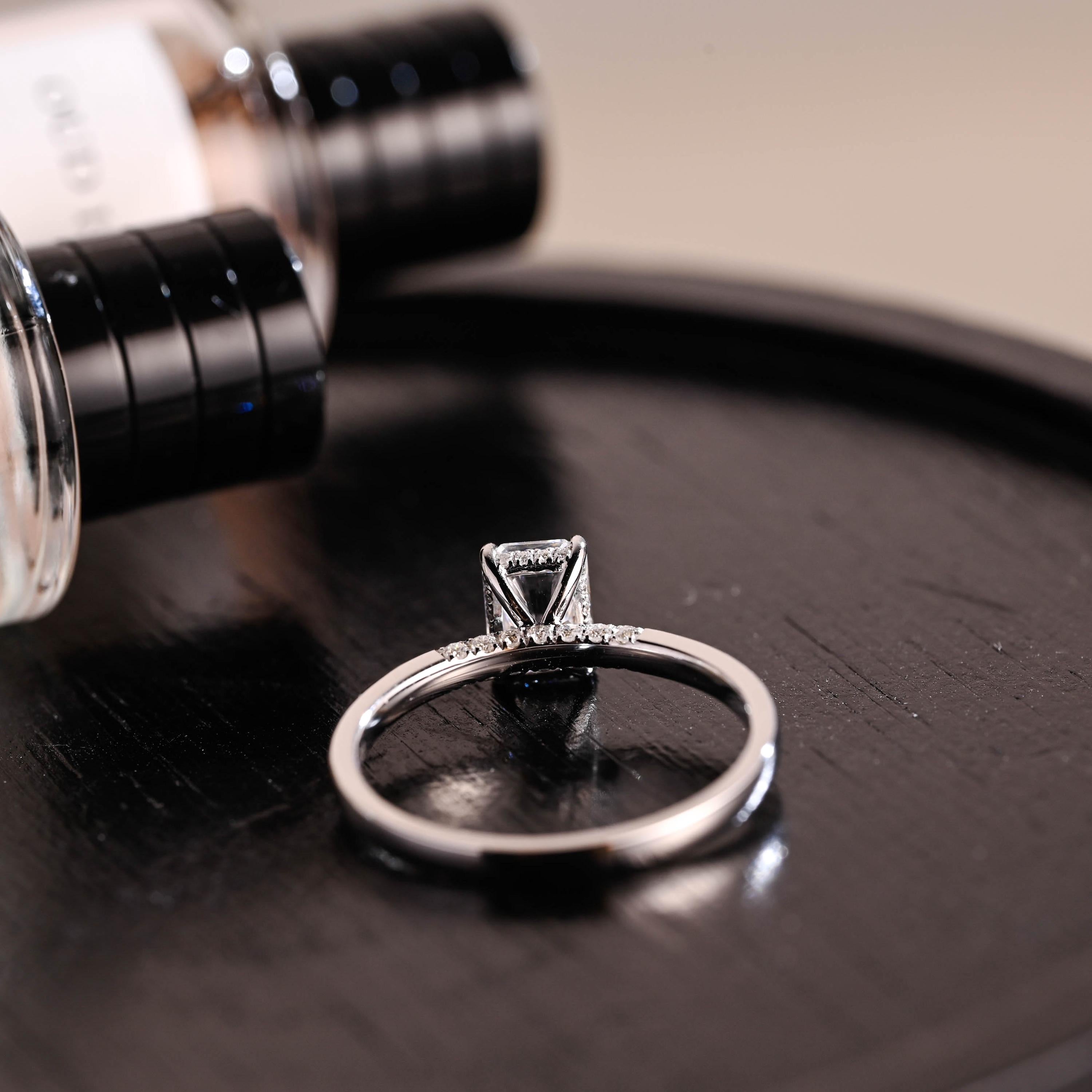 Solid Gold Hidden Halo Radiant Cut Moissanite Engagement Ring, Anniversary Ring for Her