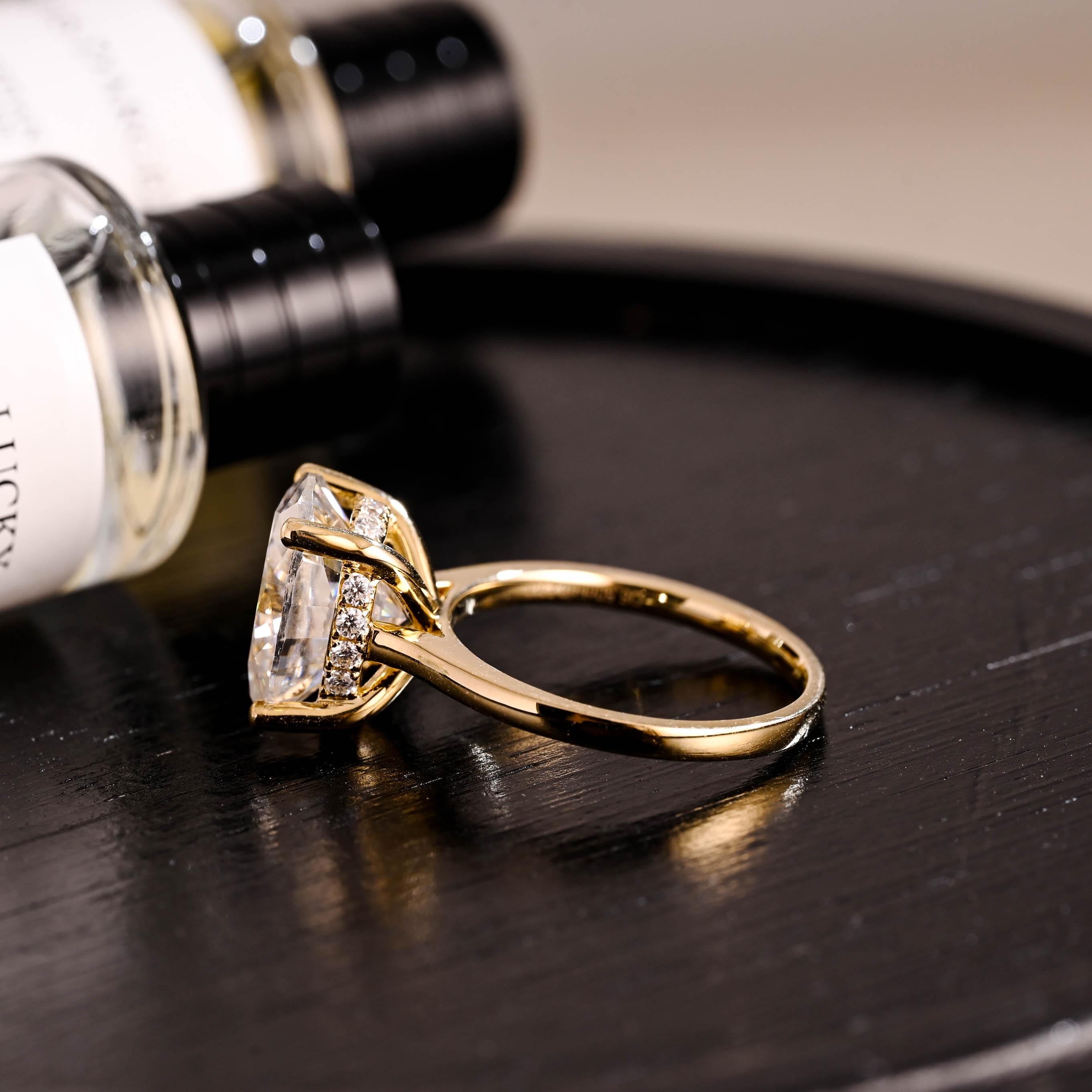 Solid Gold Oval Cut Moissanite Engagement Ring, Hidden Halo Wedding Ring, Cathedral Setting