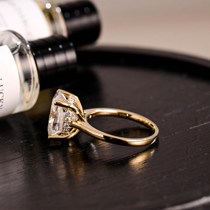 Solid Gold Oval Cut Moissanite Engagement Ring, Hidden Halo Wedding Ring, Cathedral Setting