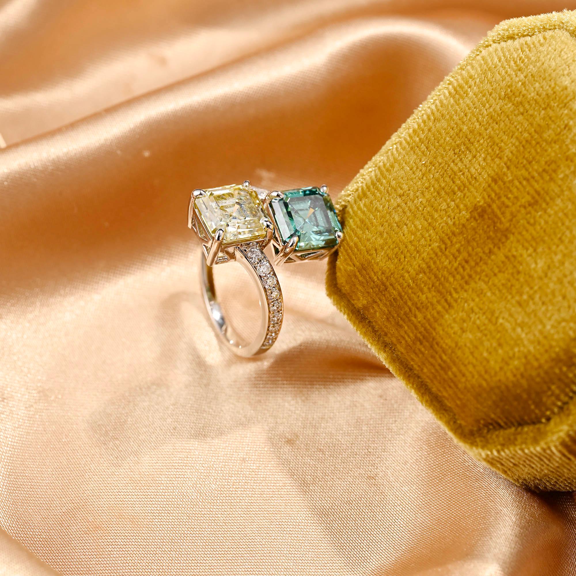 Solid Gold Toi et Moi Green & Yellow Asscher Moissanite Engagement Ring, Two Stone Anniversary Ring