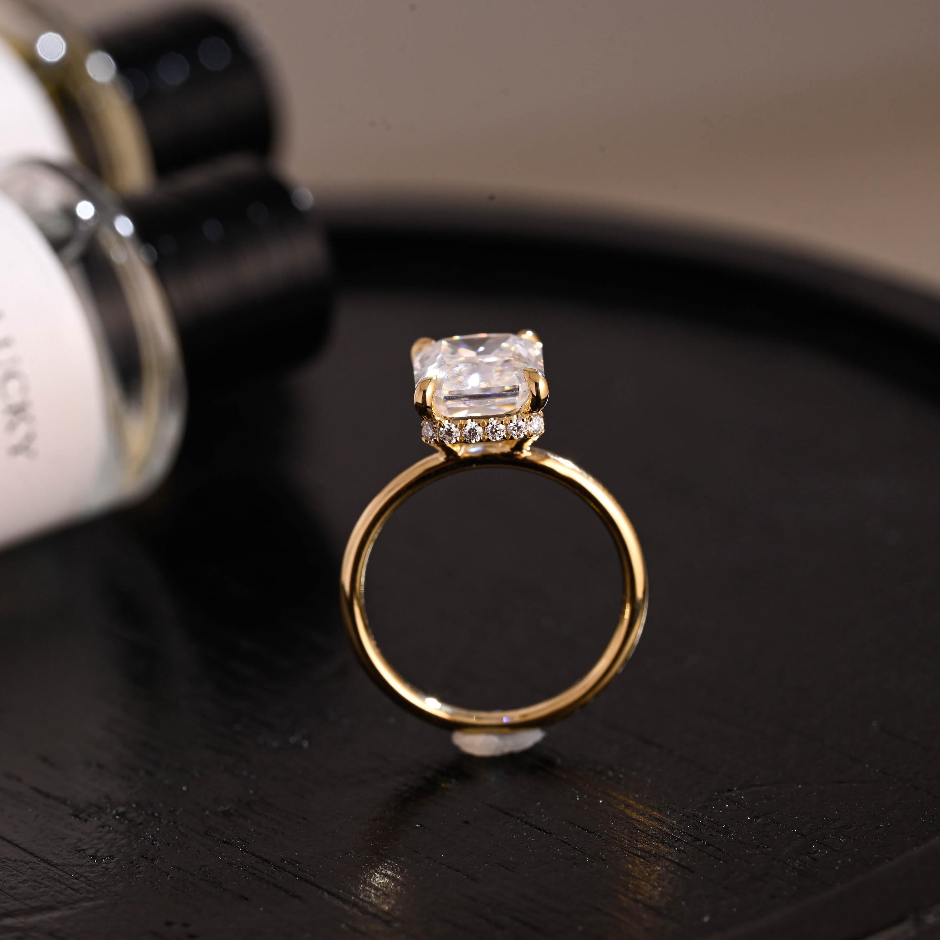 Solid Gold Crushed Ice Cut Ascot Hidden Halo Radiant Cut Moissanite Engagement Ring