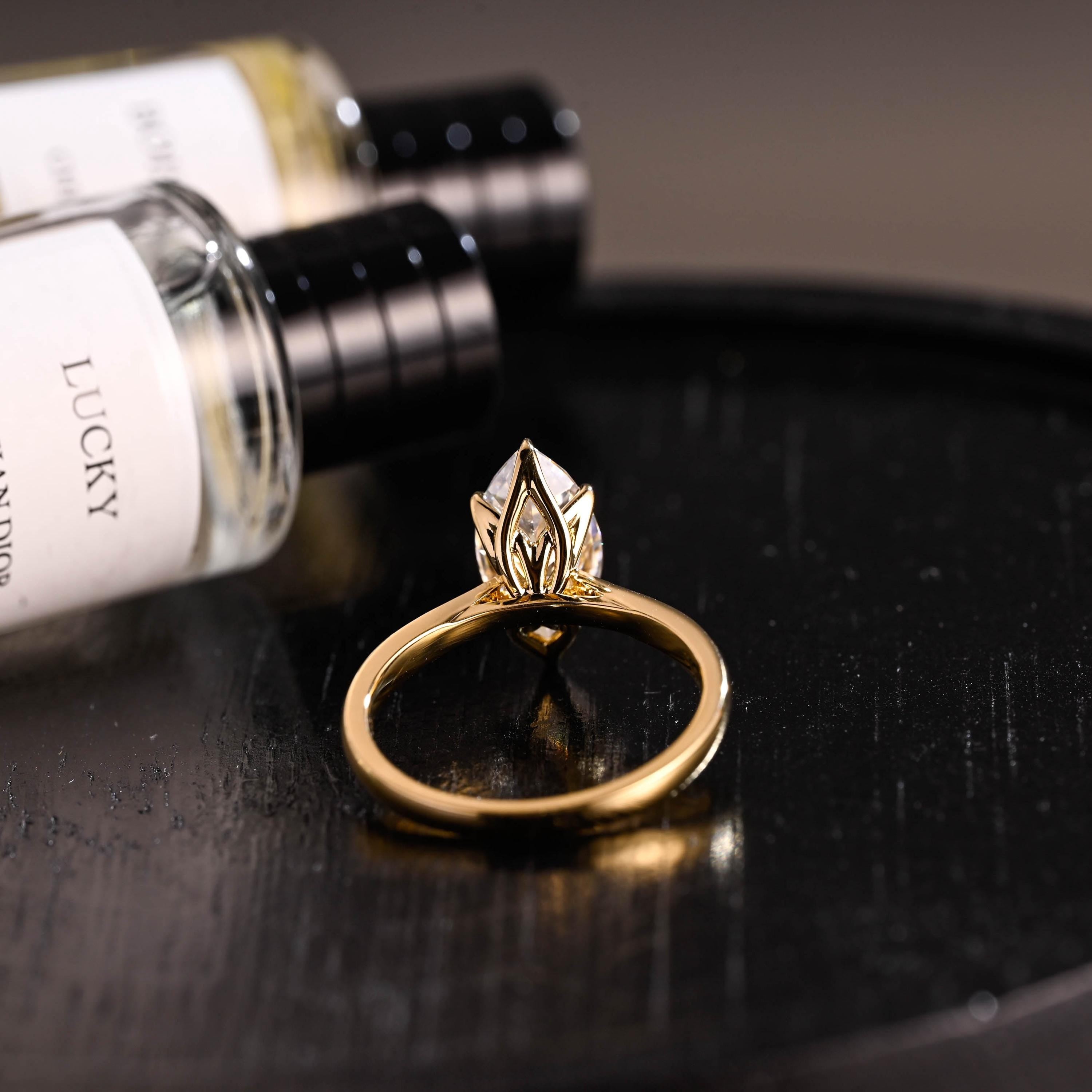 Tulip Set Solitaire Marquise Cut Moissanite Engagement Ring, Solid Gold Cathedral Setting Ring