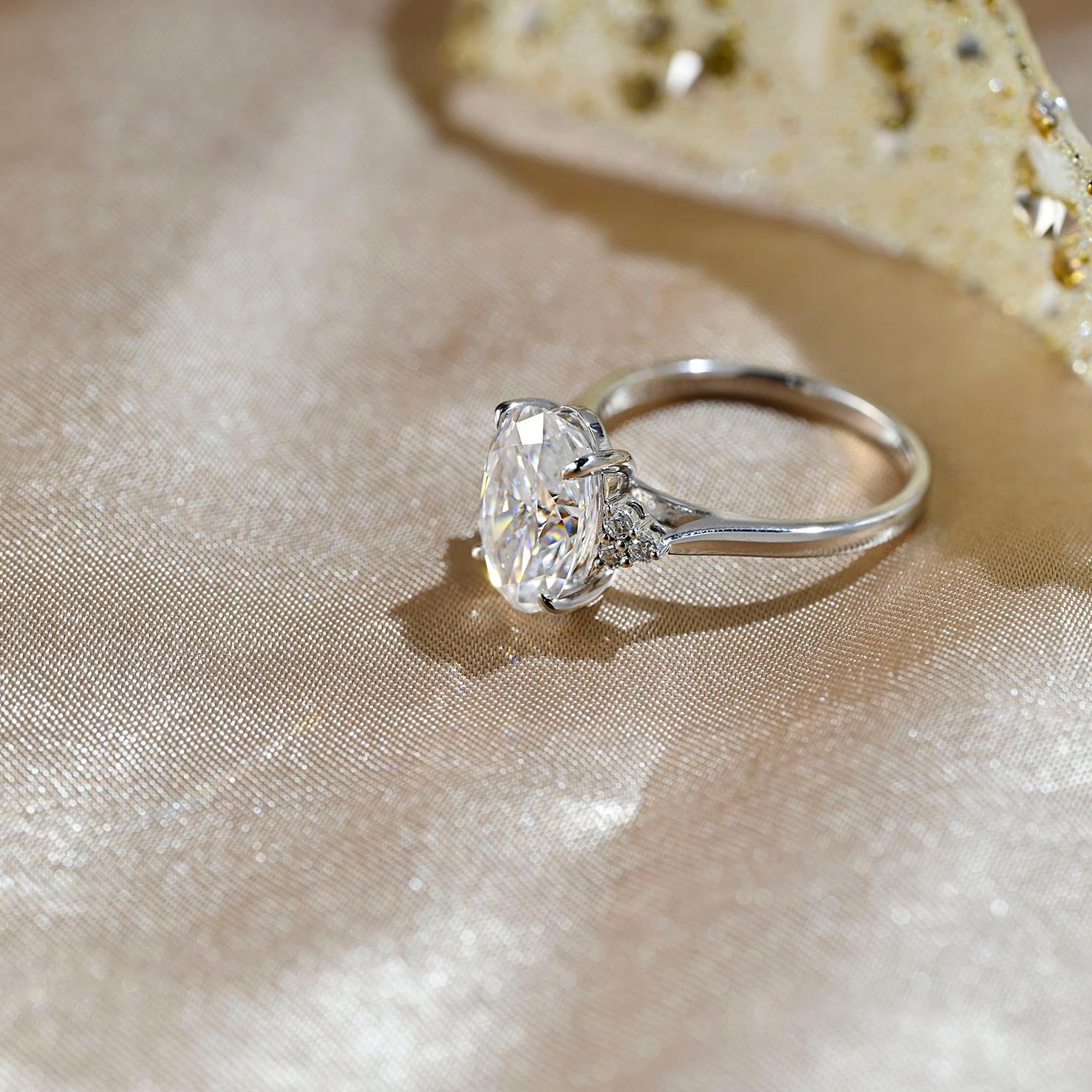 Solid Gold Cathedral Setting Oval Cut Moissanite Engagement Ring, Side Cluster Wedding Ring