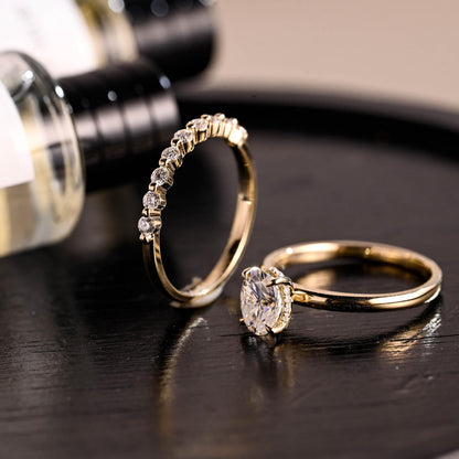 Solid Gold Hidden Halo Oval Cut Moissanite Engagement Ring Set, Half Eternity Ring Bridal Set