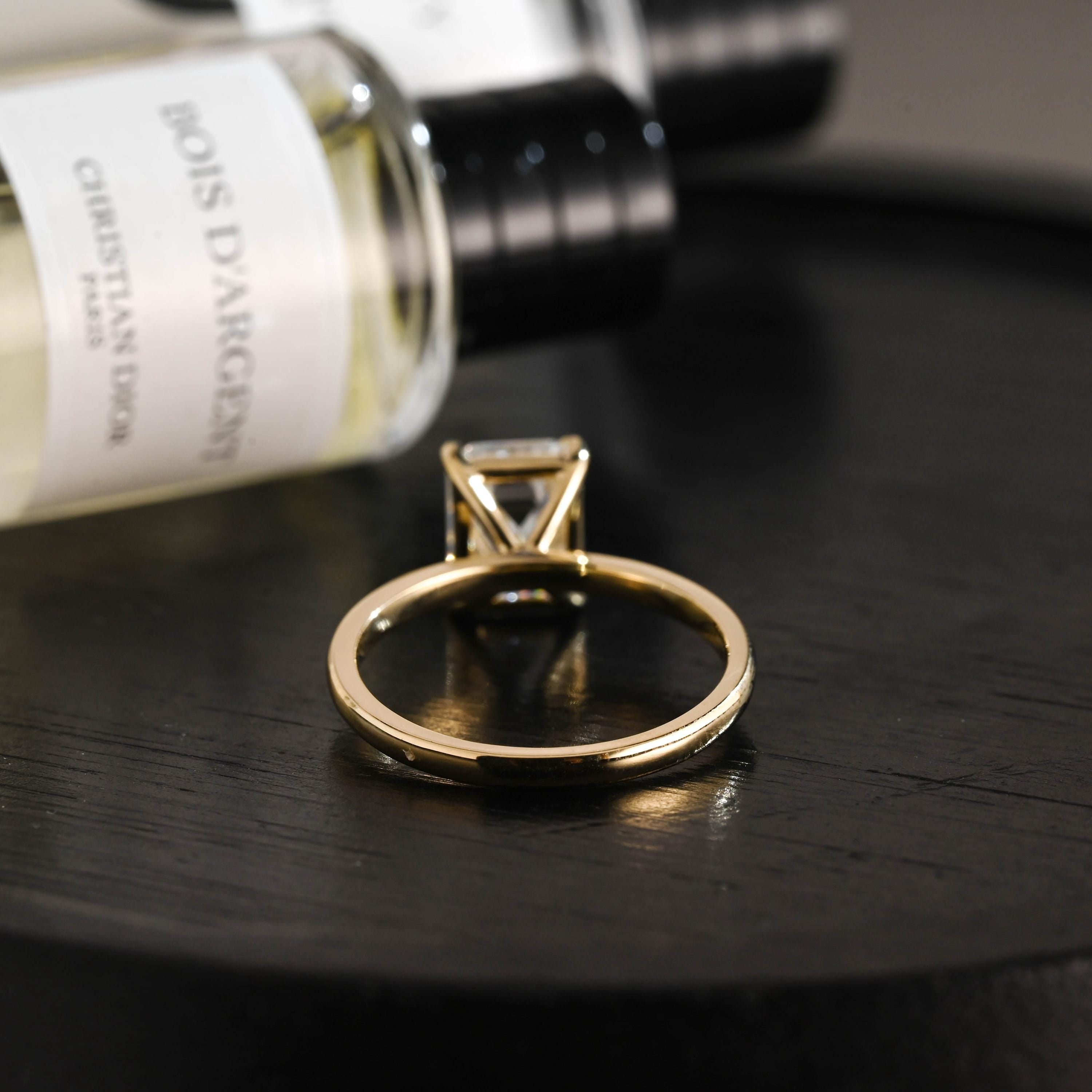 Solid Gold Emerald Cut Moissanite Engagement Ring, Solitaire Emerald Cut Anniversary Ring for Women