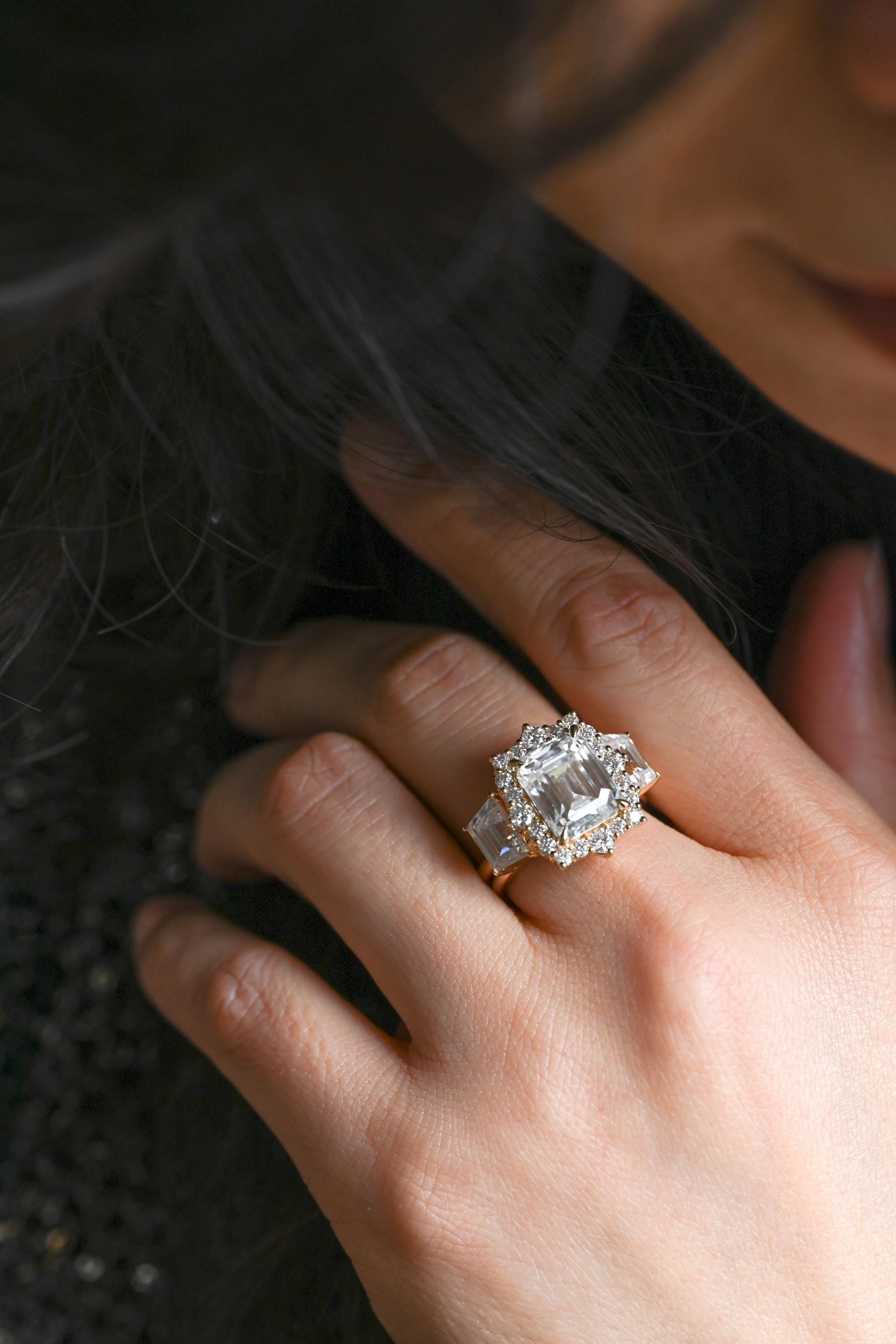 Solid Gold Emerald Cut Moissanite Engagement Ring Set, Bridal Set, Trapezoid Cut Wedding Band