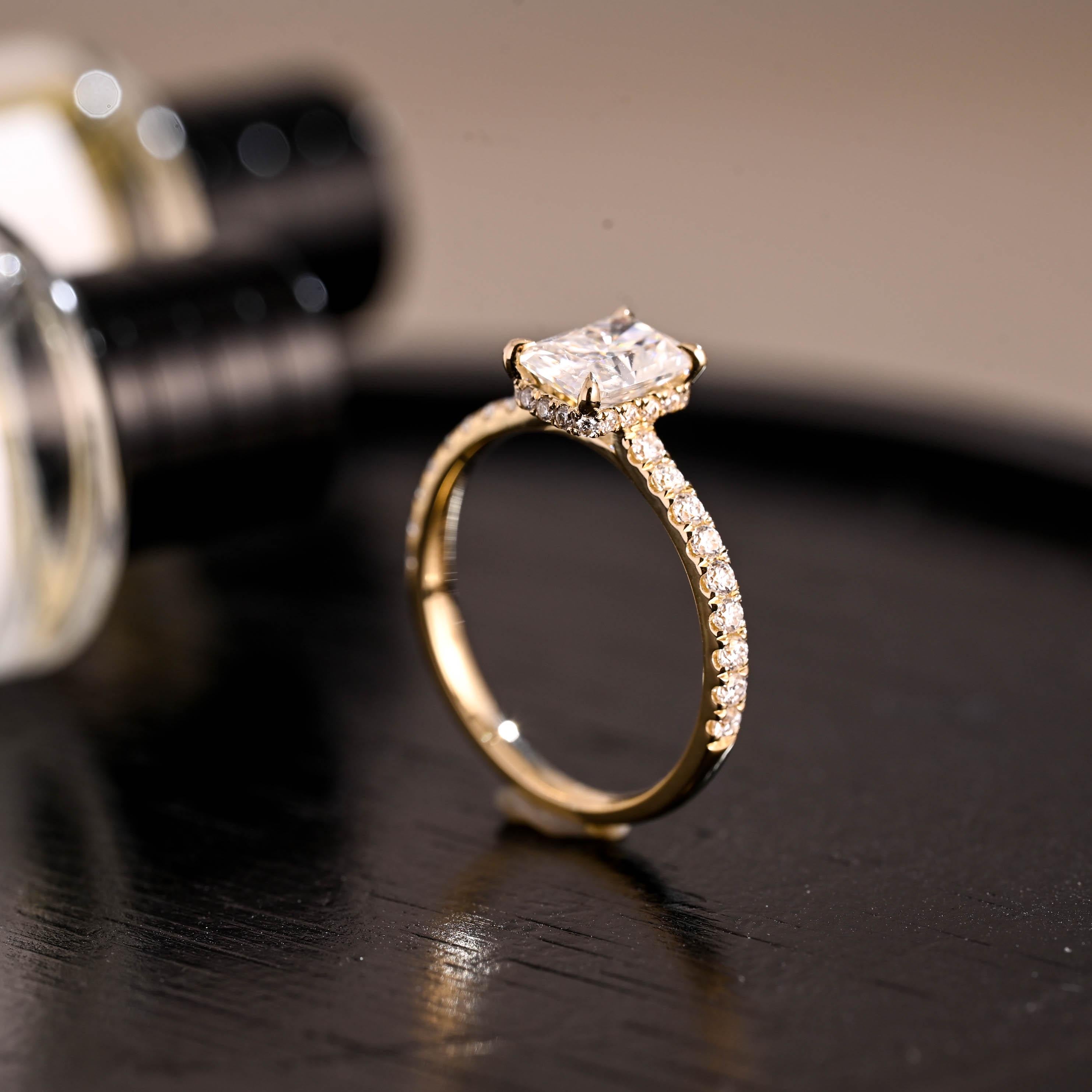 Solid Gold Cathedral Setting Radiant Cut Moissanite Engagement Ring, Hidden Halo Pave Wedding Ring