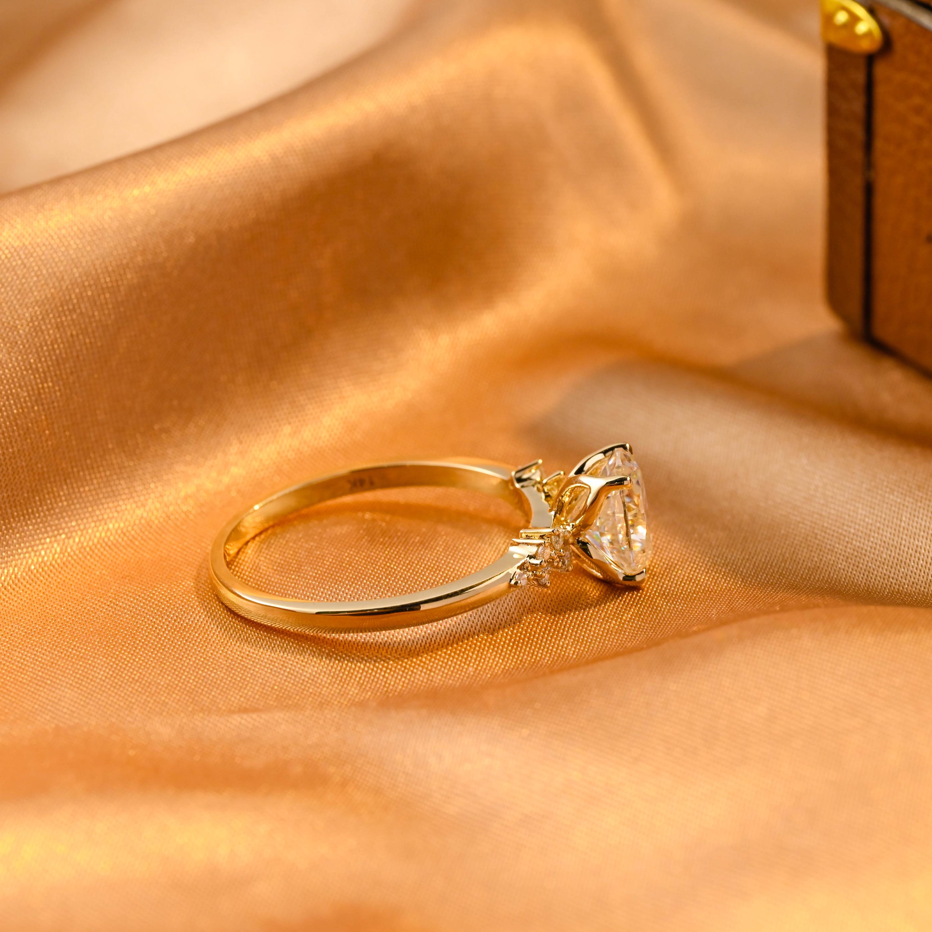 Solid Gold Tulip Setting Oval Cut Moissanite Engagement Ring, Side Cluster Wedding Ring